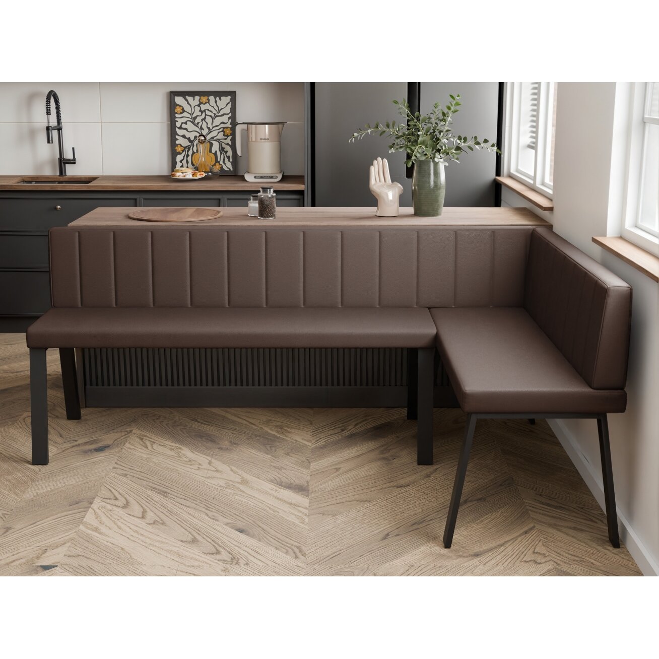 Virtuvinis kampas MONO Y Kampo pusė: dešinė, Spalvos: Soft 30 (ruda), Dydis: 142x196 cm , Apdaila: dygsniuota atlošo dalis 3