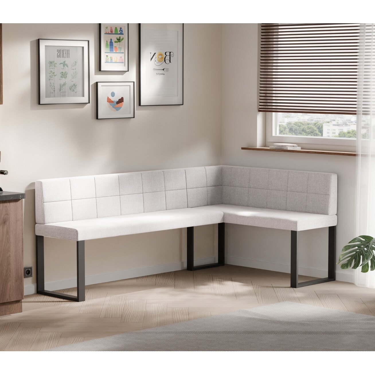 Virtuvinis kampas SANA U Dydis: 128x168 cm , Kampo pusė: Dešinė, Spalvos: Inari 22 (Šviesus smėlio), Apdaila: Dygsniuotas atlošas 1