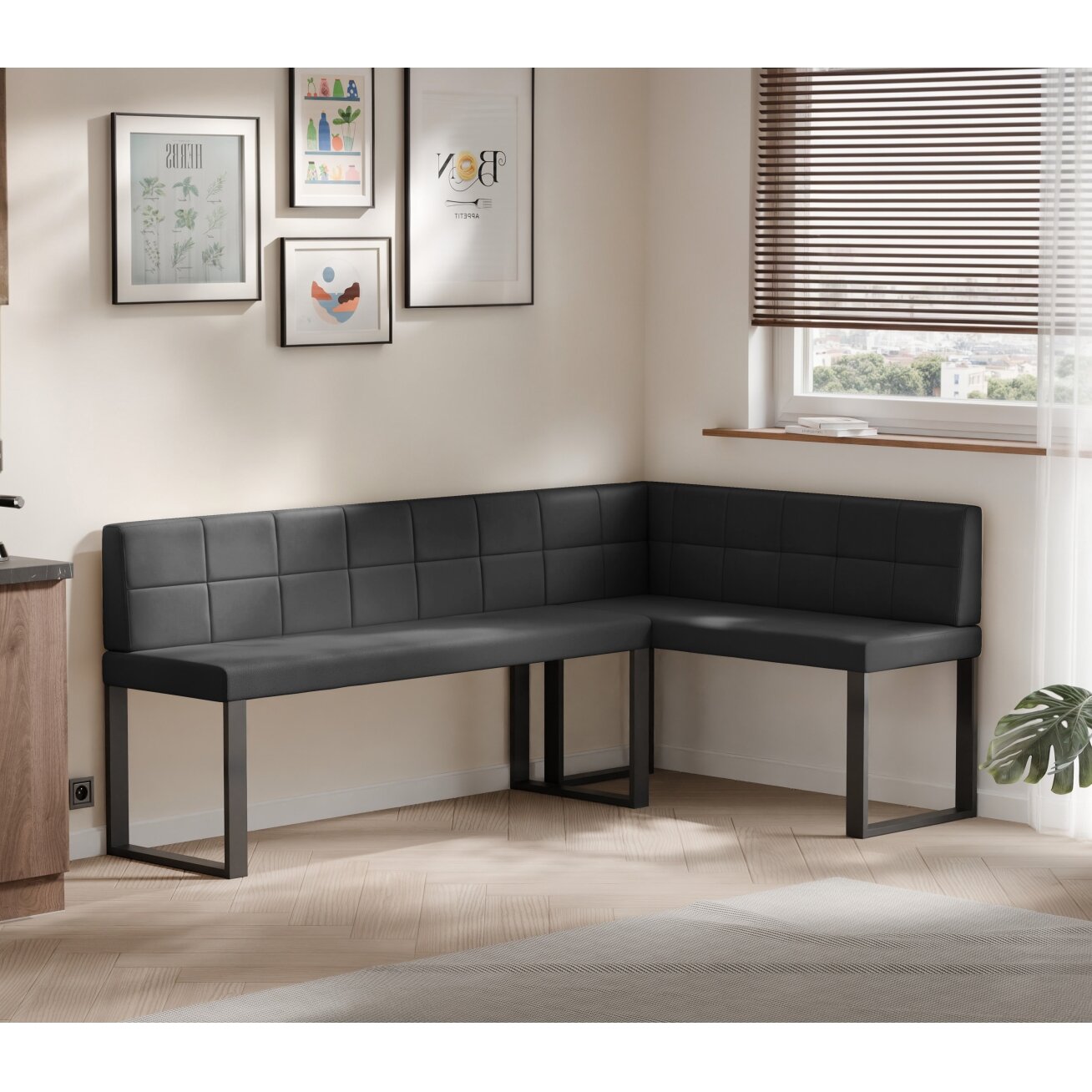 Virtuvinis kampas SANA U Kampo pusė: dešinė, Spalvos: Soft 11 (juoda), Dydis: 142x196 cm , Apdaila: dygsniuotas atlošas 1 Virtuvinis kampas SANA U Kampo pusė: dešinė, Spalvos: Soft 11 (juoda), Dydis: 142x196 cm , Apdaila: dygsniuotas atlošas 1