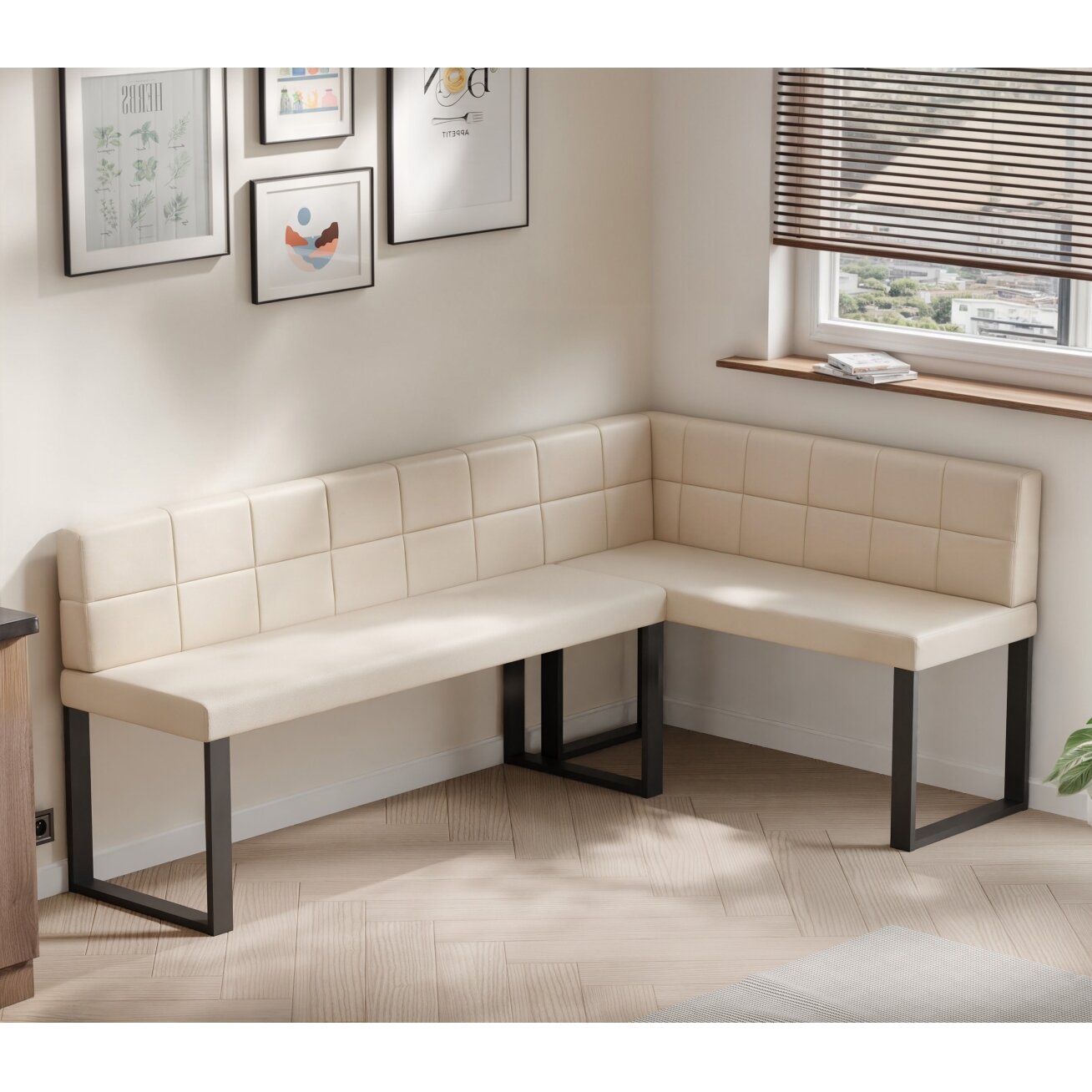 Virtuvinis kampas SANA U Kampo pusė: dešinė, Dydis: 142x196 cm , Spalva: Soft 18 smėlio , Apdaila: dygsniuotas atlošas 2