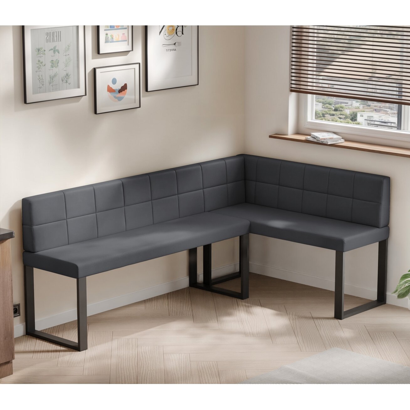 Virtuvinis kampas SANA U Kampo pusė: dešinė, Spalva: Soft 29 (pilka), Dydis: 142x196 cm , Apdaila: dygsniuota atlošo dalis 2