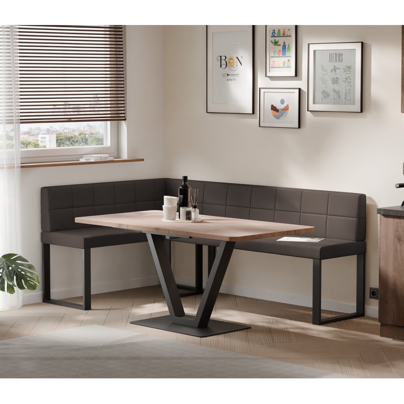 Virtuvinis kampas SANA U Kampo pusė: kairė, Spalvos: Soft 30 (ruda), Dydis: 142x196 cm , Apdaila: dygsniuotas atlošas