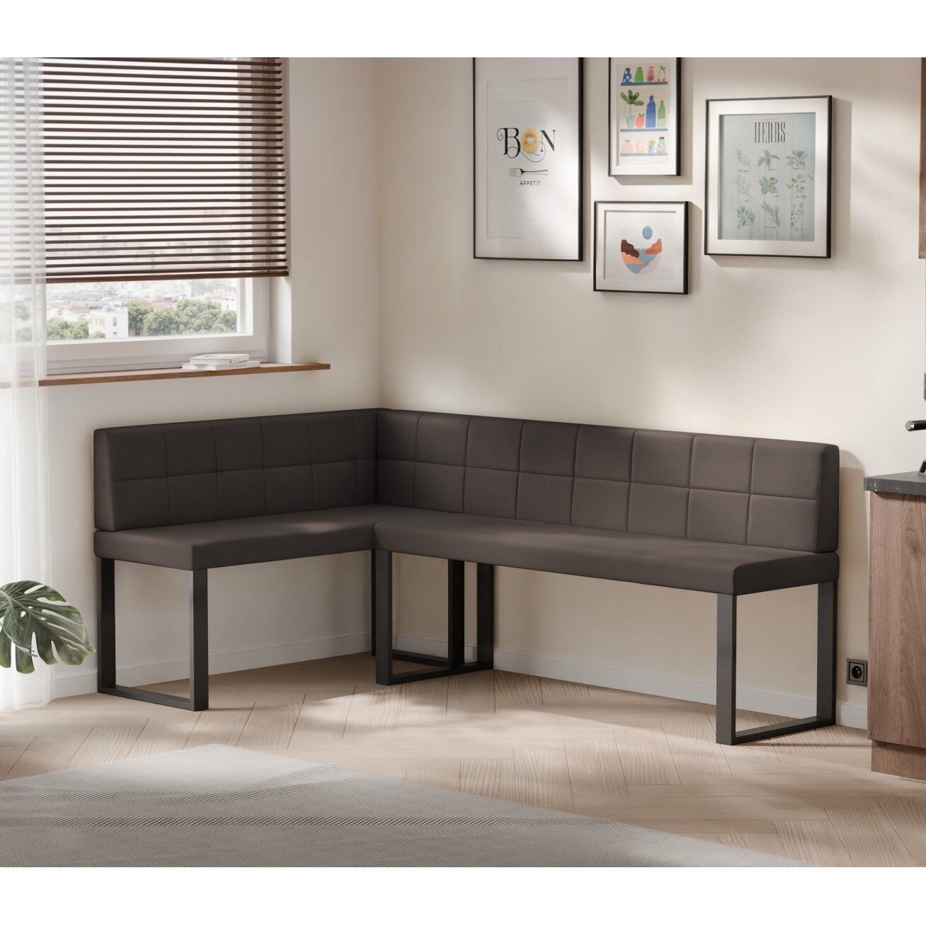 Virtuvinis kampas SANA U Kampo pusė: kairė, Spalvos: Soft 30 (ruda), Dydis: 142x196 cm , Apdaila: dygsniuotas atlošas 1