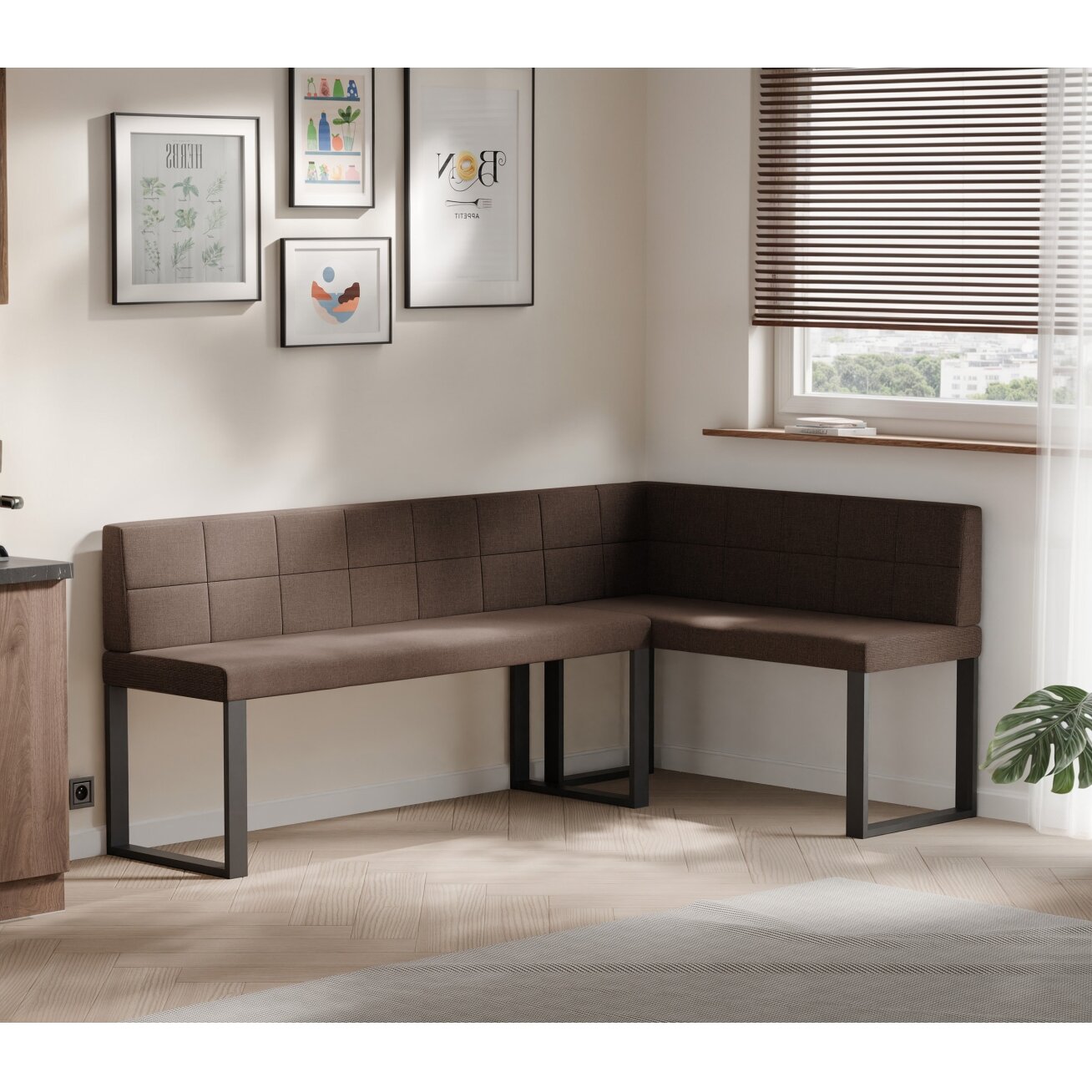 Virtuvinis kampas SANA U Kampo pusė: Dešinė, Dydis: 142x196 cm , Spalvos: Inari 28 (Ruda), Apdaila: Dygsniuotas atlošas 1 Virtuvinis kampas SANA U Kampo pusė: Dešinė, Dydis: 142x196 cm , Spalvos: Inari 28 (Ruda), Apdaila: Dygsniuotas atlošas 1