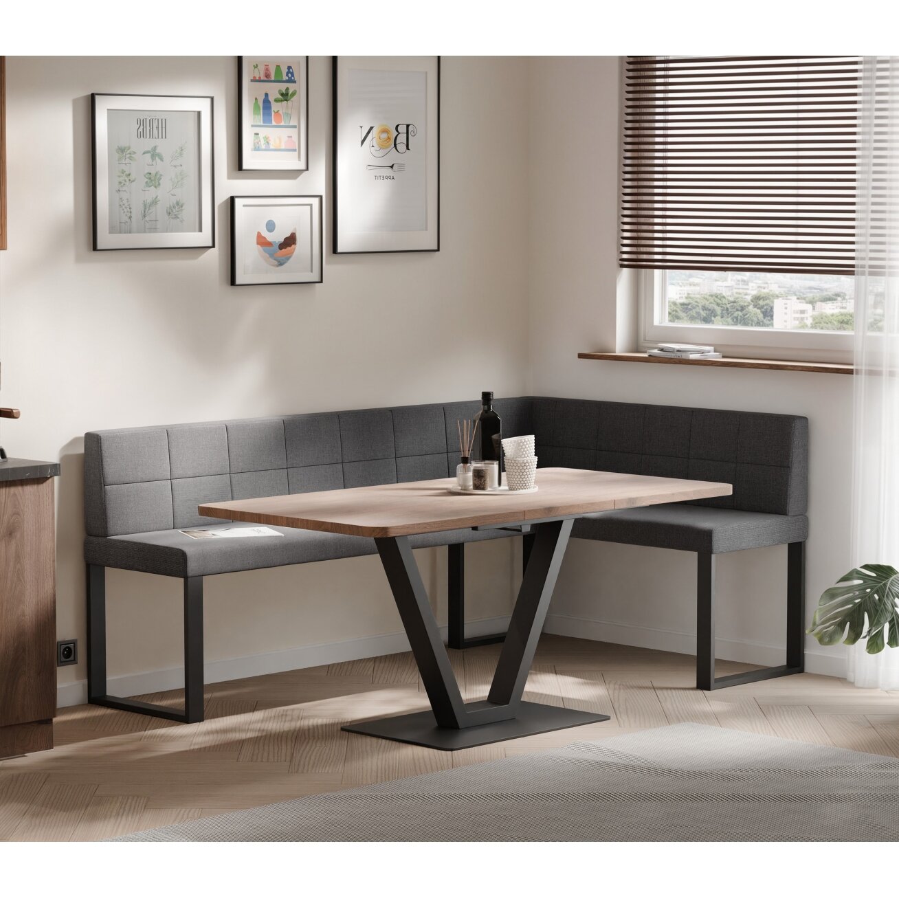 Virtuvinis kampas SANA U Dydis: 128x168 cm , Kampo pusė: Dešinė, Spalvos: Inari 96 (Tamsiai pilka), Apdaila: Dygsniuotas atlošas Virtuvinis kampas SANA U Dydis: 128x168 cm , Kampo pusė: Dešinė, Spalvos: Inari 96 (Tamsiai pilka), Apdaila: Dygsniuotas atlošas