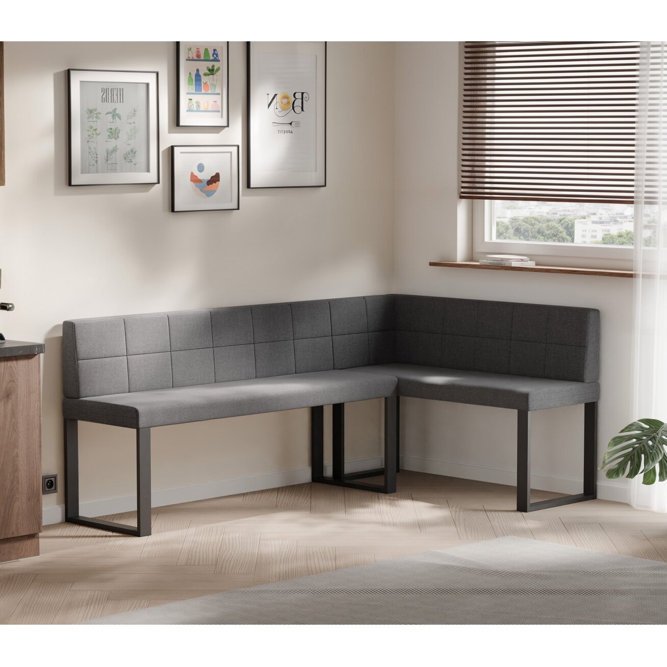 Virtuvinis kampas SANA U Kampo pusė: Dešinė, Dydis: 142x196 cm , Spalvos: Inari 96 (Tamsiai pilka), Apdaila: Dygsniuotas atlošas 1