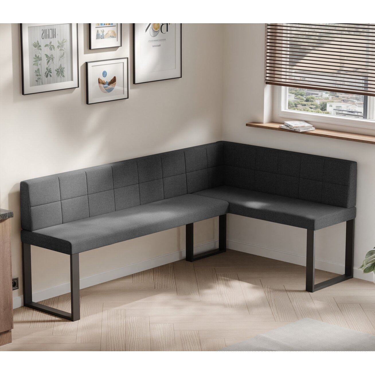 Virtuvinis kampas SANA U Dydis: 128x168 cm , Kampo pusė: Dešinė, Spalvos: Inari 100 (Juoda), Apdaila: Dygsniuota atlošo dalis 2