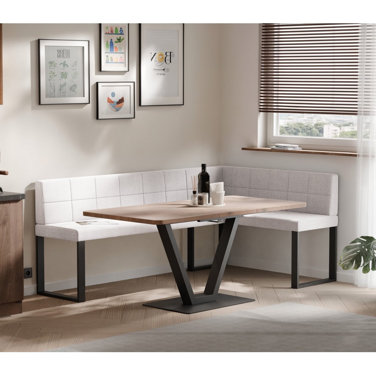 Virtuvinis kampas SANA U Dydis: 128x168 cm , Kampo pusė: Dešinė, Spalvos: Inari 22 (Šviesus smėlio), Apdaila: Dygsniuotas atlošas Virtuvinis kampas SANA U Dydis: 128x168 cm , Kampo pusė: Dešinė, Spalvos: Inari 22 (Šviesus smėlio), Apdaila: Dygsniuotas atlošas