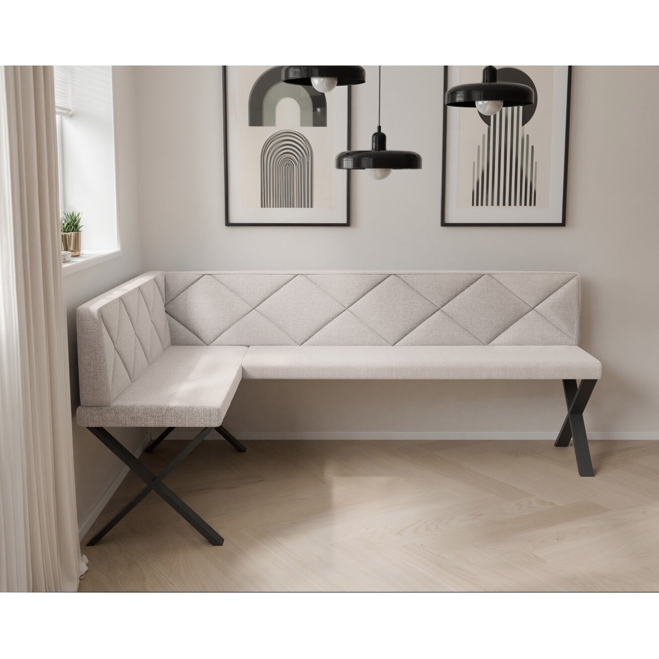 Virtuvinis kampas VERO X Dydis: 128x168 cm , Kampo pusė: Kairė, Spalvos: Inari 22 (Šviesus smėlio), Apdaila: Dygsniuotas atlošas 2