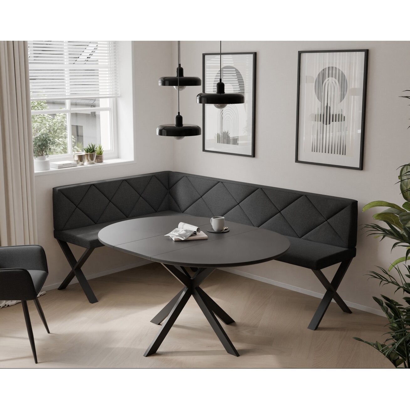Virtuvinis kampas VERO X Dydis: 128x168 cm , Kampo pusė: Kairė, Spalvos: Inari 100 (Juoda), Apdaila: Dygsniuota atrama
