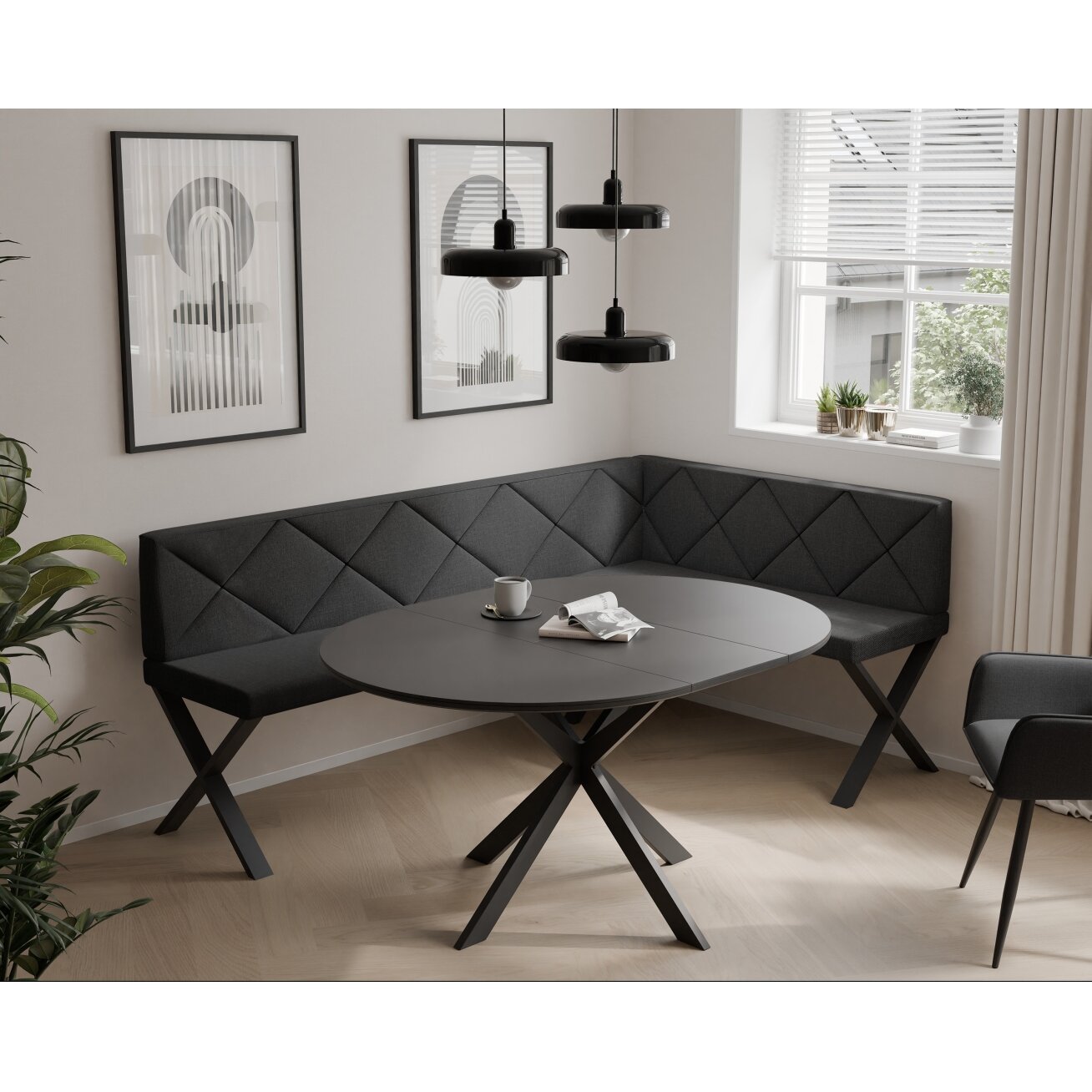 Virtuvinis kampas VERO X Dydis: 128x168 cm , Kampo pusė: Dešinė, Spalvos: Inari 100 (Juoda), Apdaila: Dygsniuotas atlošas