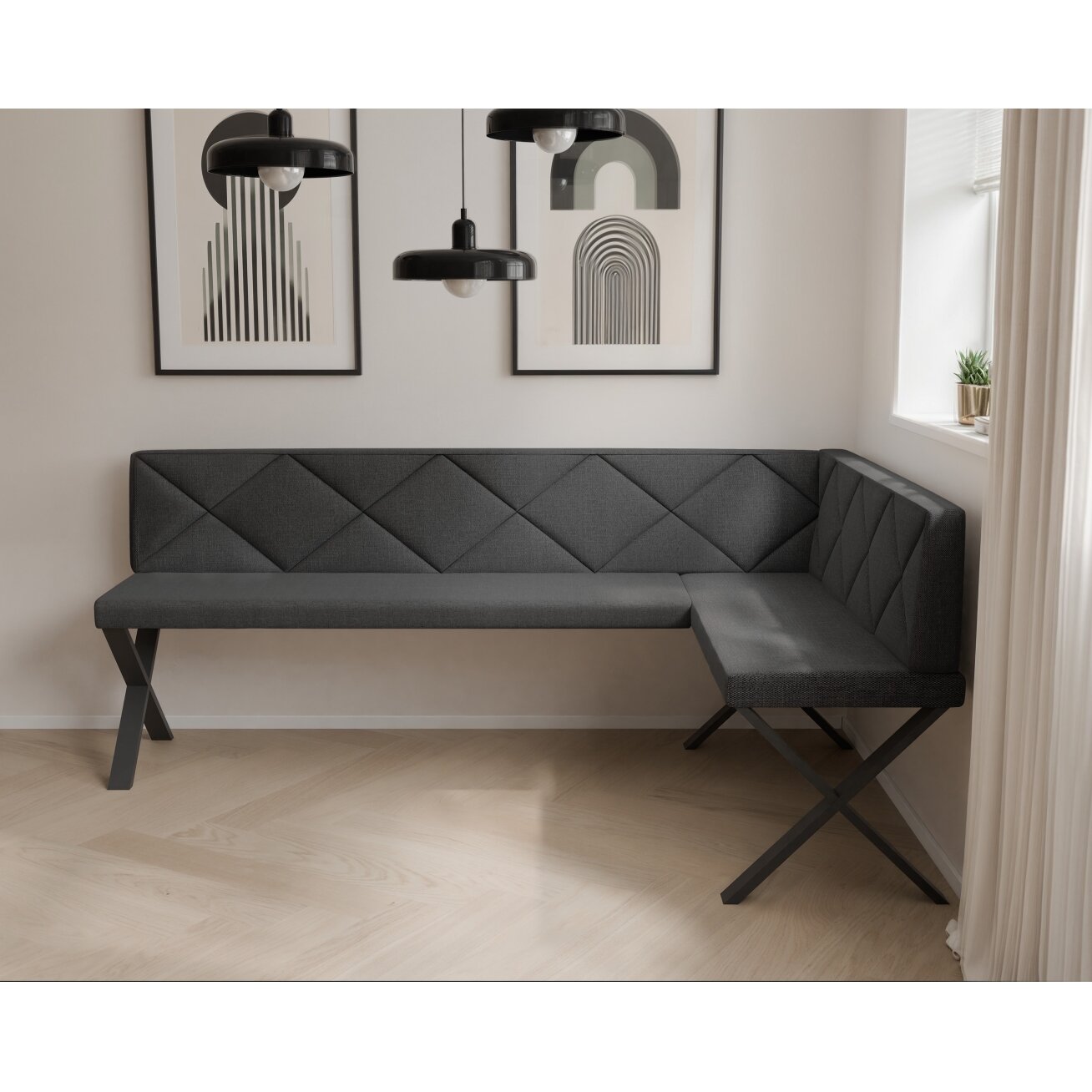 Virtuvinis kampas VERO X Dydis: 128x168 cm , Kampo pusė: Dešinė, Spalvos: Inari 100 (Juoda), Apdaila: Dygsniuotas atlošas 2
