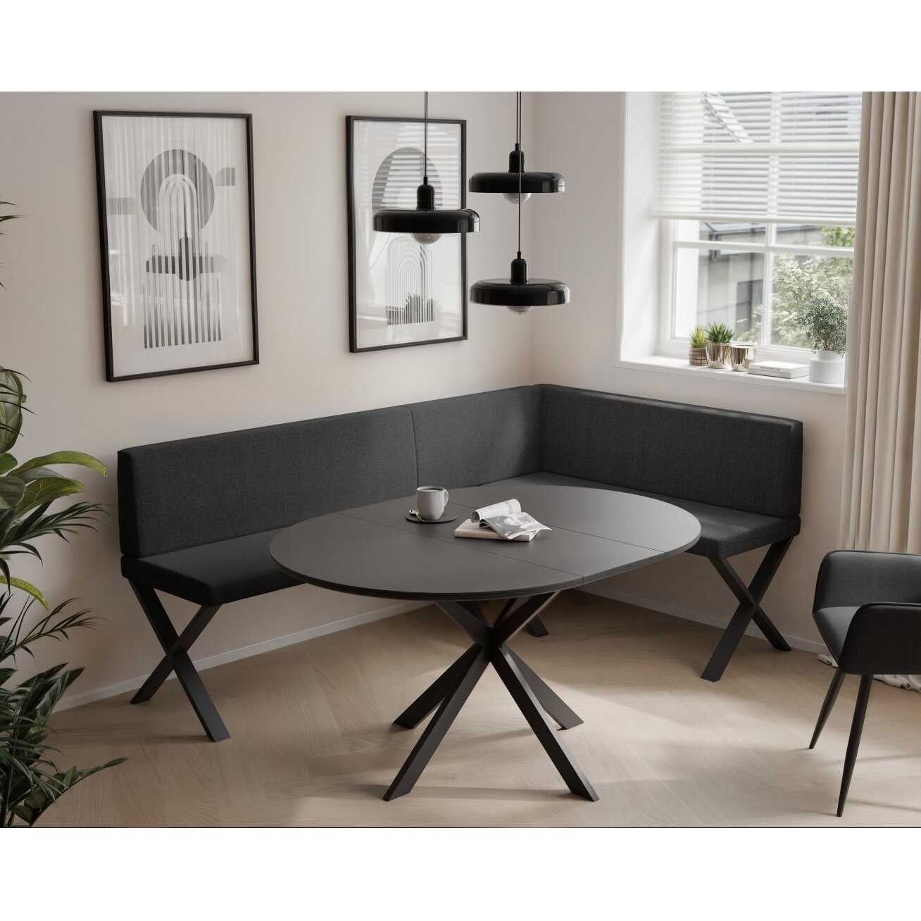 Virtuvinis kampas VERO X Apdaila: Lygus, Kampo pusė: Dešinė, Spalvos: Inari 100 (Juoda), Dydis: 142x196 cm