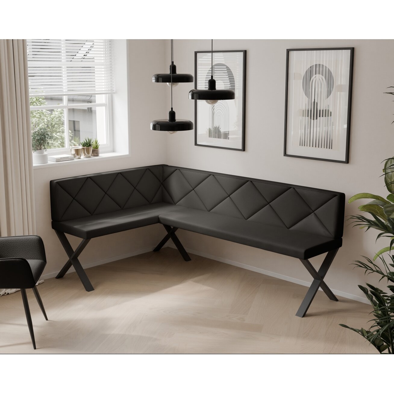 Virtuvinis kampas VERO X Dydis: 128x168 cm , Kampo pusė: Kairė, Spalvos: Soft 11 (Juoda), Apdaila: Dygsniuota nugarėlė 1 Virtuvinis kampas VERO X Dydis: 128x168 cm , Kampo pusė: Kairė, Spalvos: Soft 11 (Juoda), Apdaila: Dygsniuota nugarėlė 1