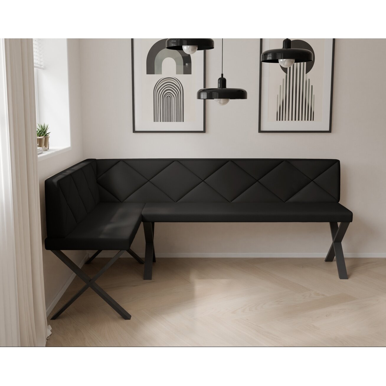 Virtuvinis kampas VERO X Dydis: 128x168 cm , Kampo pusė: Kairė, Spalvos: Soft 11 (Juoda), Apdaila: Dygsniuota nugarėlė 2