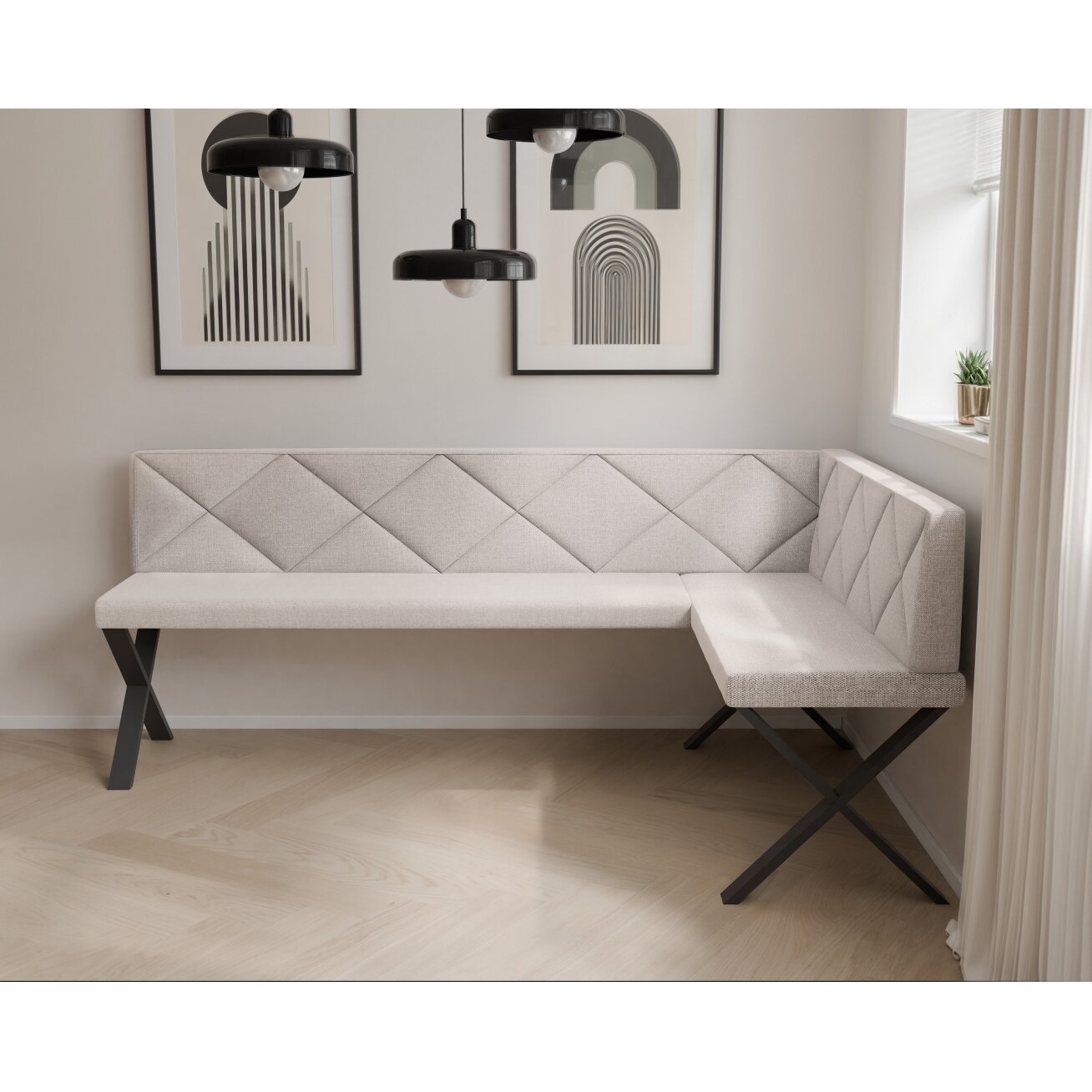 Virtuvinis kampas VERO X Dydis: 128x168 cm , Kampo pusė: Dešinė, Spalvos: Inari 22 (Šviesus smėlio), Apdaila: Dygsniuota nugarėlė 2