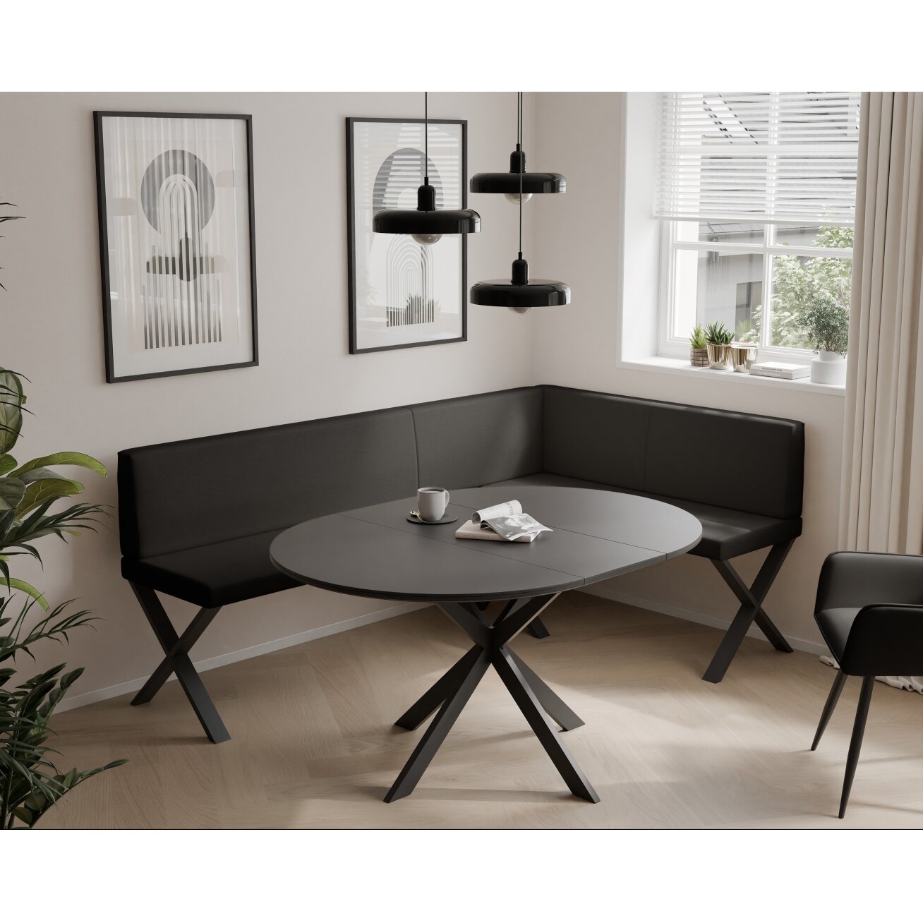 Virtuvinis kampas VERO X Apdaila: Lygi, Kampo pusė: Dešinė, Spalvos: Soft 11 (Juoda), Dydis: 142x196 cm