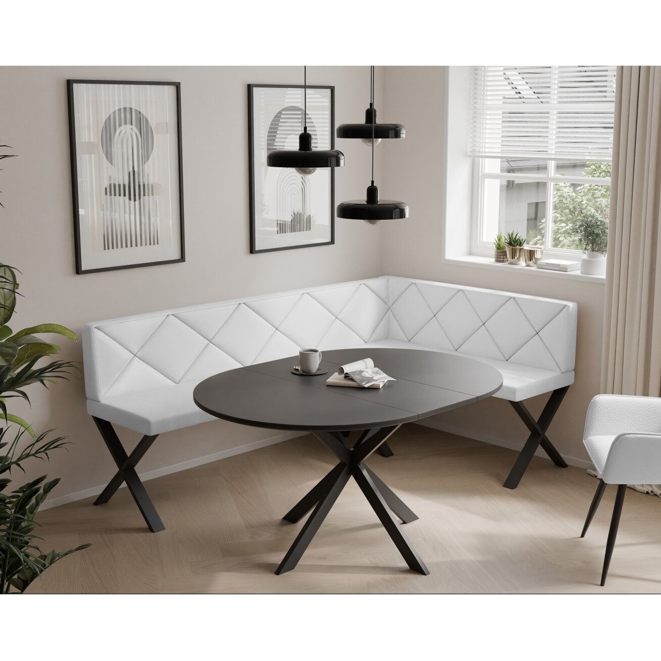 Virtuvinis kampas VERO X Dydis: 128x168 cm , Kampo pusė: Dešinė, Spalvos: Soft 17 (Balta), Apdaila: Dygsniuotas atlošas