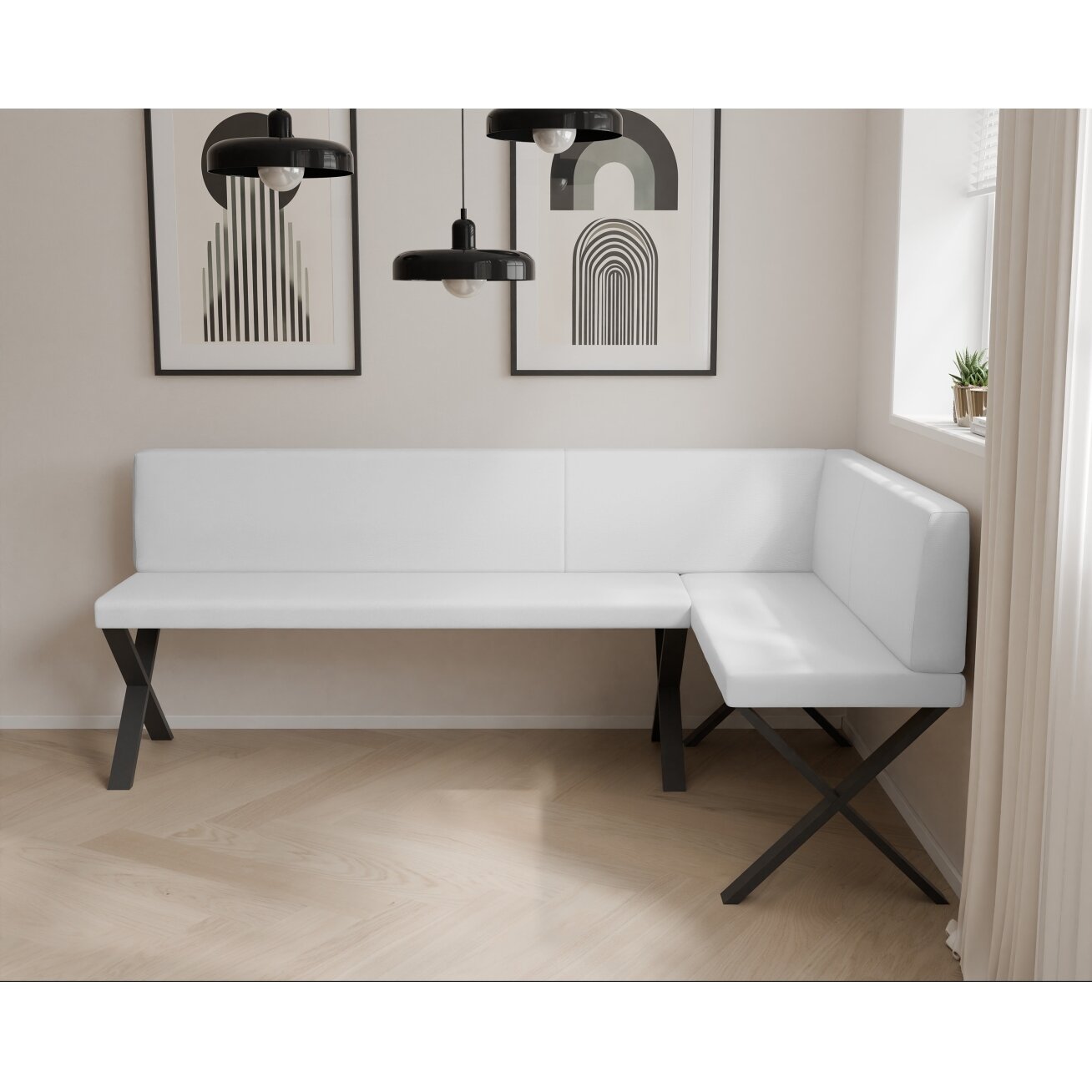 Virtuvinis kampas VERO X Apdaila: Lygi, Kampo pusė: Dešinė, Spalvos: Soft 17 (Balta), Dydis: 142x196 cm  2