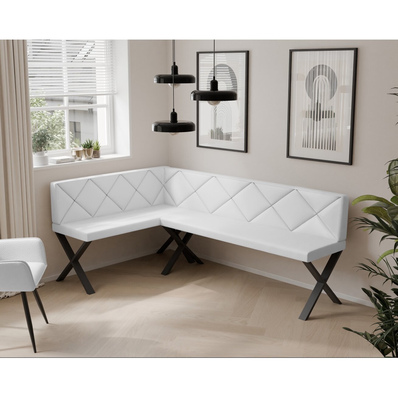 Virtuvinis kampas VERO X Kampo pusė: Kairė, Spalvos: Soft 17 (Balta), Dydis: 142x196 cm , Apdaila: Dygsniuota nugarėlė 1