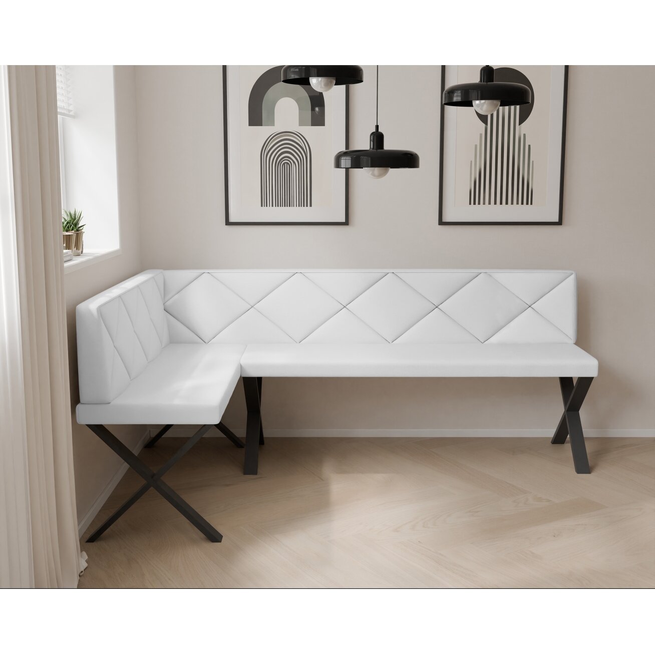 Virtuvinis kampas VERO X Kampo pusė: Kairė, Spalvos: Soft 17 (Balta), Dydis: 142x196 cm , Apdaila: Dygsniuota nugarėlė 2