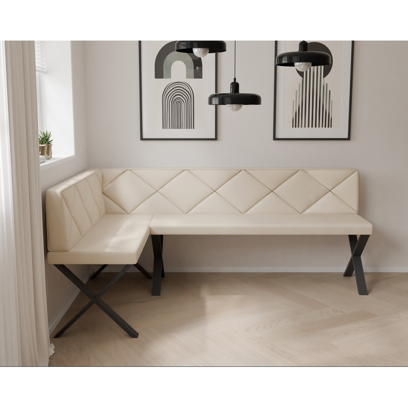Virtuvinis kampas VERO X Dydis: 128x168 cm, kampo pusė: kairė, spalvos: Soft 18 smėlio, apdaila: dygsniuotas atlošas 2