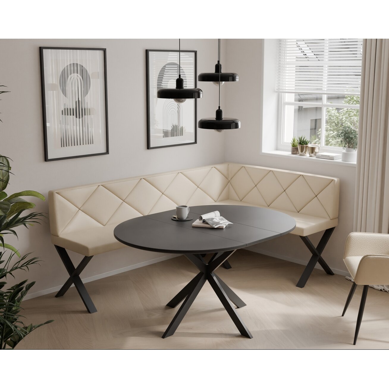 Virtuvinis kampas VERO X Dydis: 128x168 cm , Kampo pusė: Dešinė, Spalvos: Soft 18 smėlio , Apdaila: Dygsniuotas atlošas