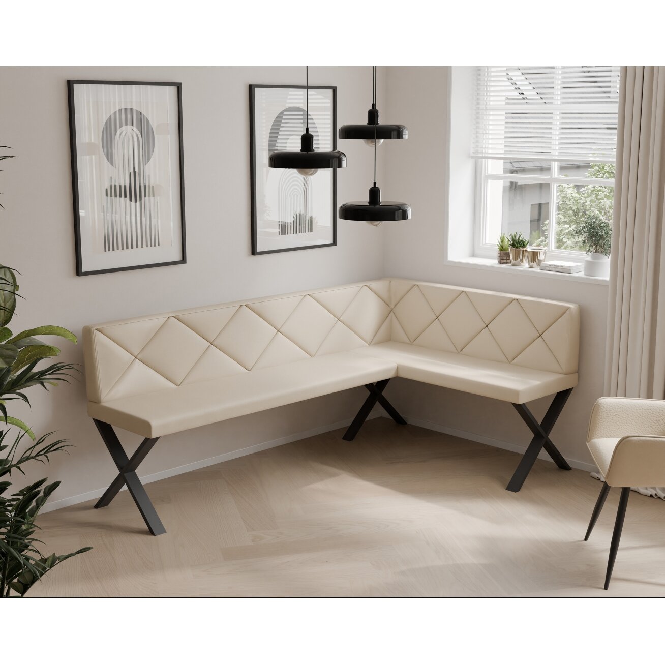 Virtuvinis kampas VERO X Dydis: 128x168 cm , Kampo pusė: Dešinė, Spalvos: Soft 18 smėlio , Apdaila: Dygsniuotas atlošas 1