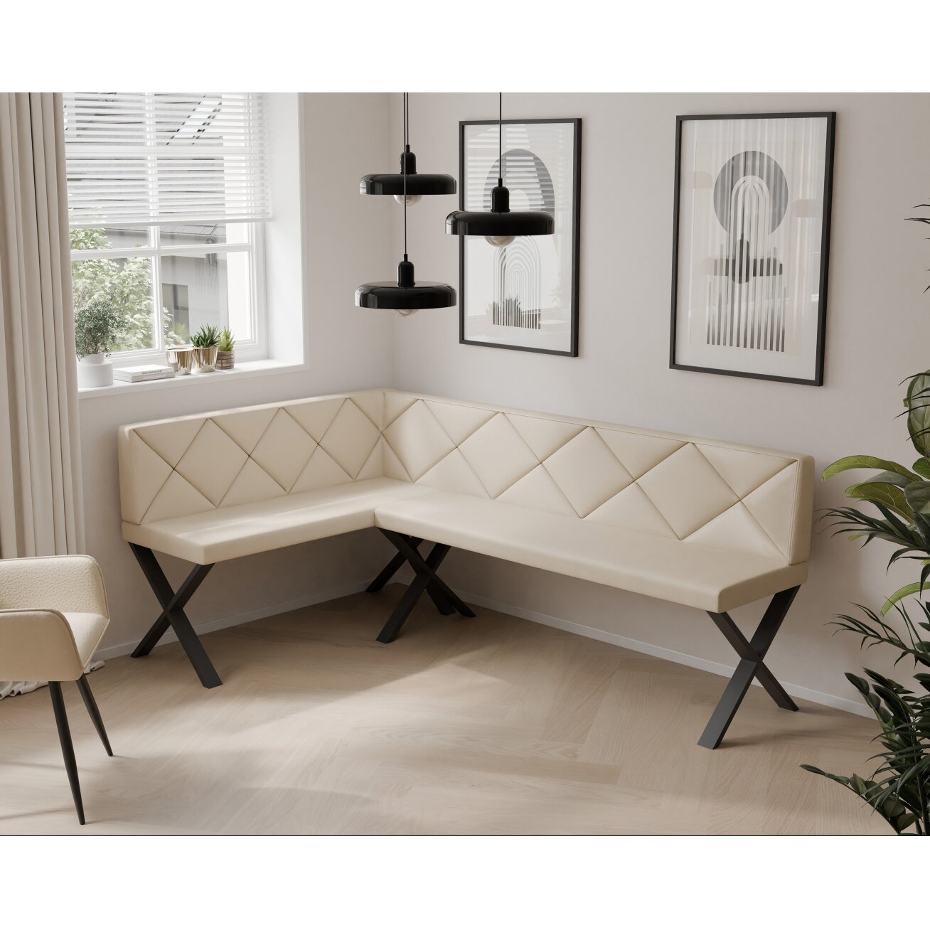 Virtuvinis kampas VERO X Kampo pusė: Kairė, Dydis: 142x196 cm , Spalvos: Soft 18 smėlio , Apdaila: Dygsniuotas atlošas 1