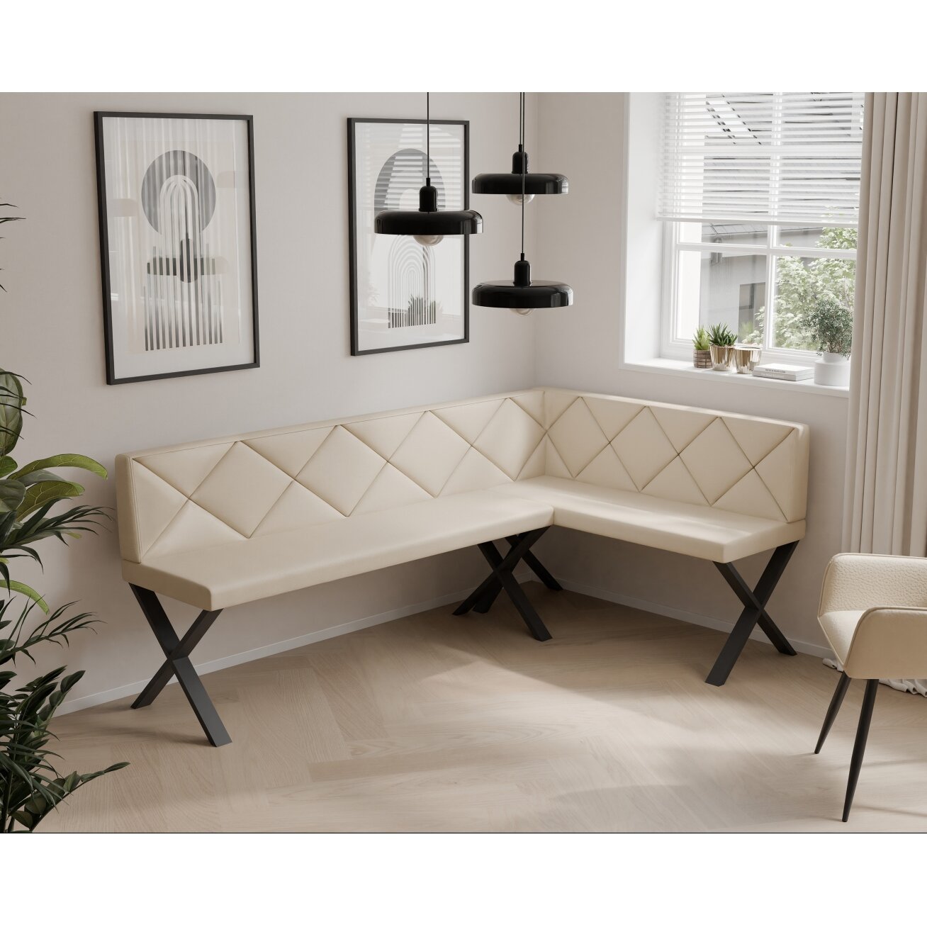 Virtuvinis kampas VERO X Kampo pusė: Dešinė, Dydis: 142x196 cm , Spalvos: Soft 18 smėlio , Apdaila: Dygsniuotas atlošas 1