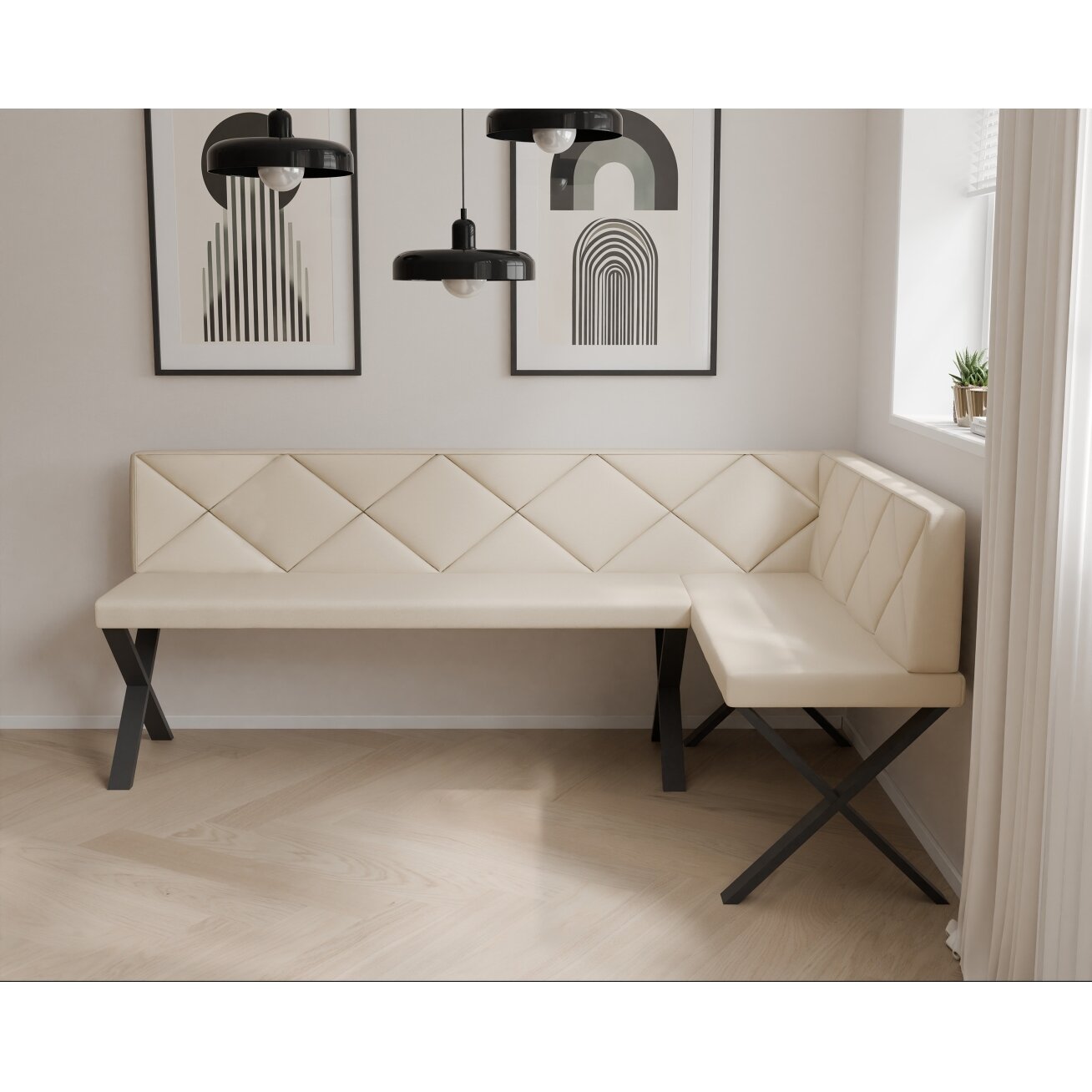 Virtuvinis kampas VERO X Kampo pusė: Dešinė, Dydis: 142x196 cm , Spalvos: Soft 18 smėlio , Apdaila: Dygsniuotas atlošas 2