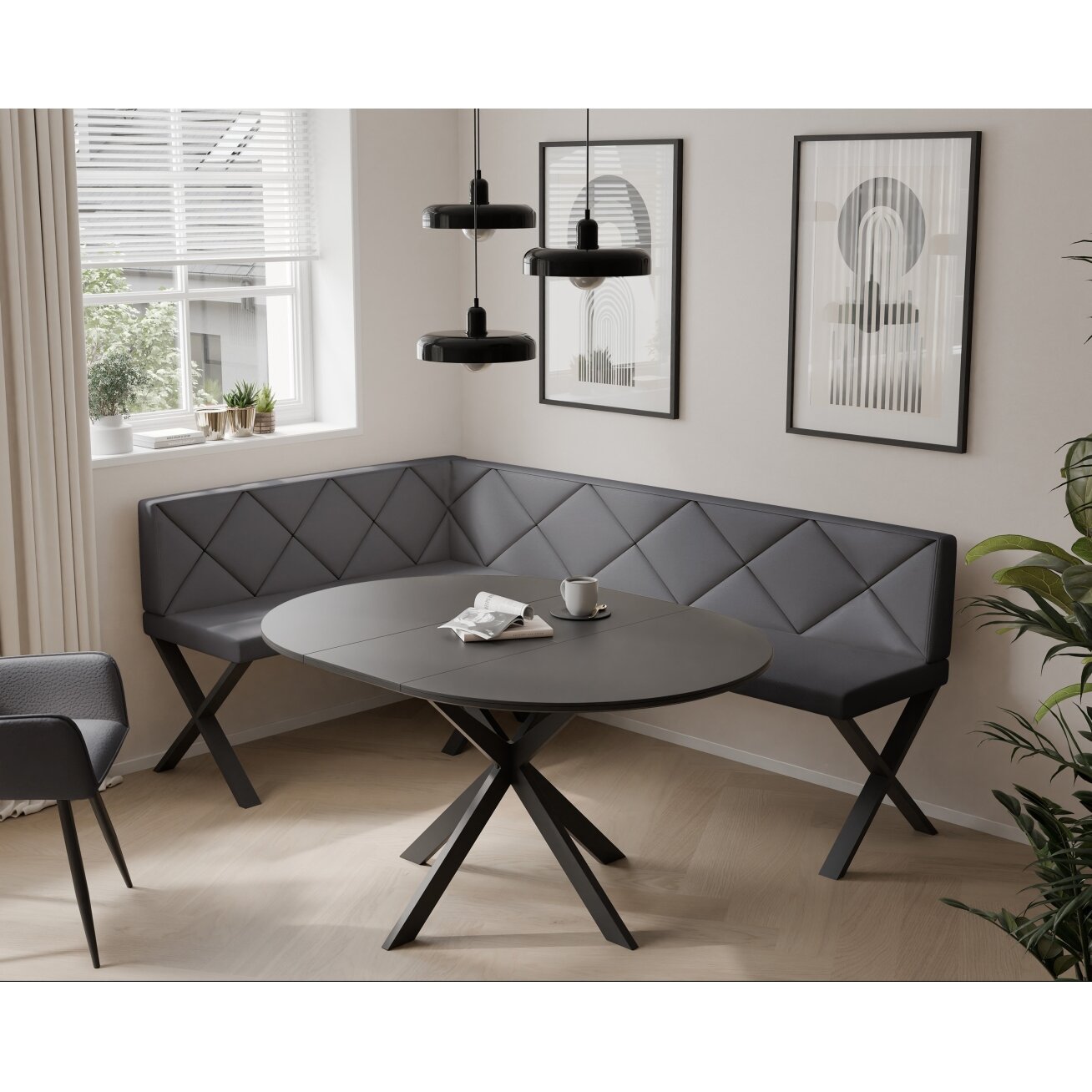 Virtuvinis kampas VERO X Dydis: 128x168 cm, kampo pusė: kairė, spalvos: Soft 29 (pilka), apdaila: dygsniuota atlošo dalis