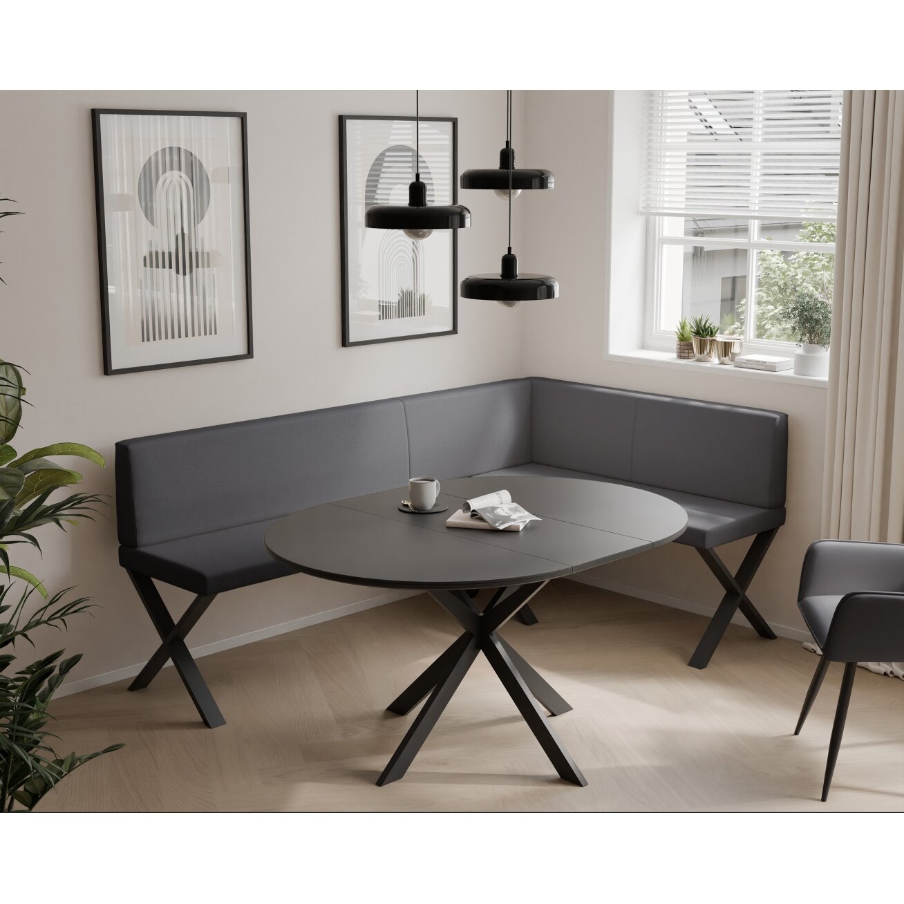 Virtuvinis kampas VERO X Apdaila: Lygus, Kampo pusė: Dešinė, Spalvos: Soft 29 (Pilka), Dydis: 142x196 cm