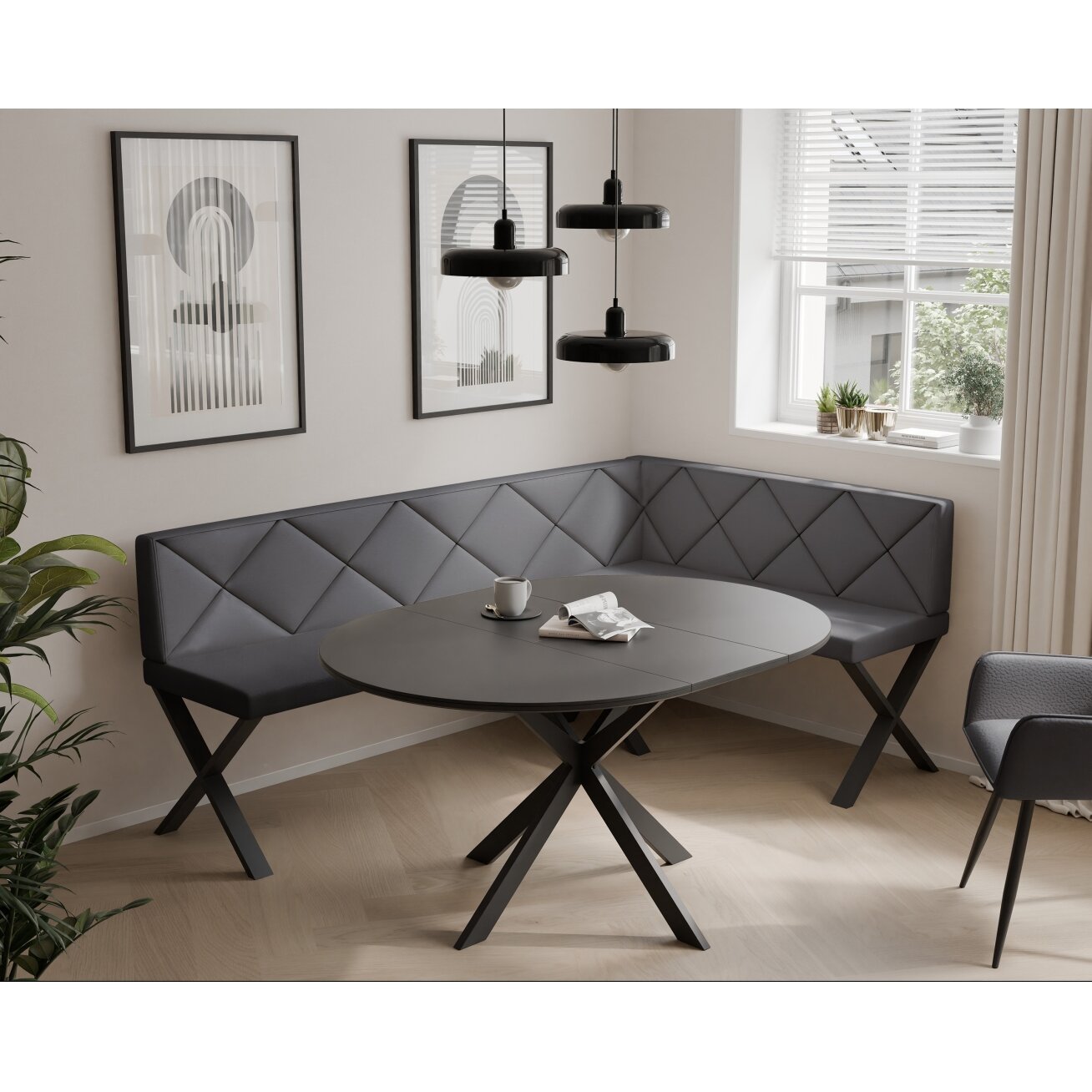Virtuvinis kampas VERO X Kampo pusė: Dešinė, Spalvos: Soft 29 (Pilka), Dydis: 142x196 cm , Apdaila: Dygsniuota atlošo dalis