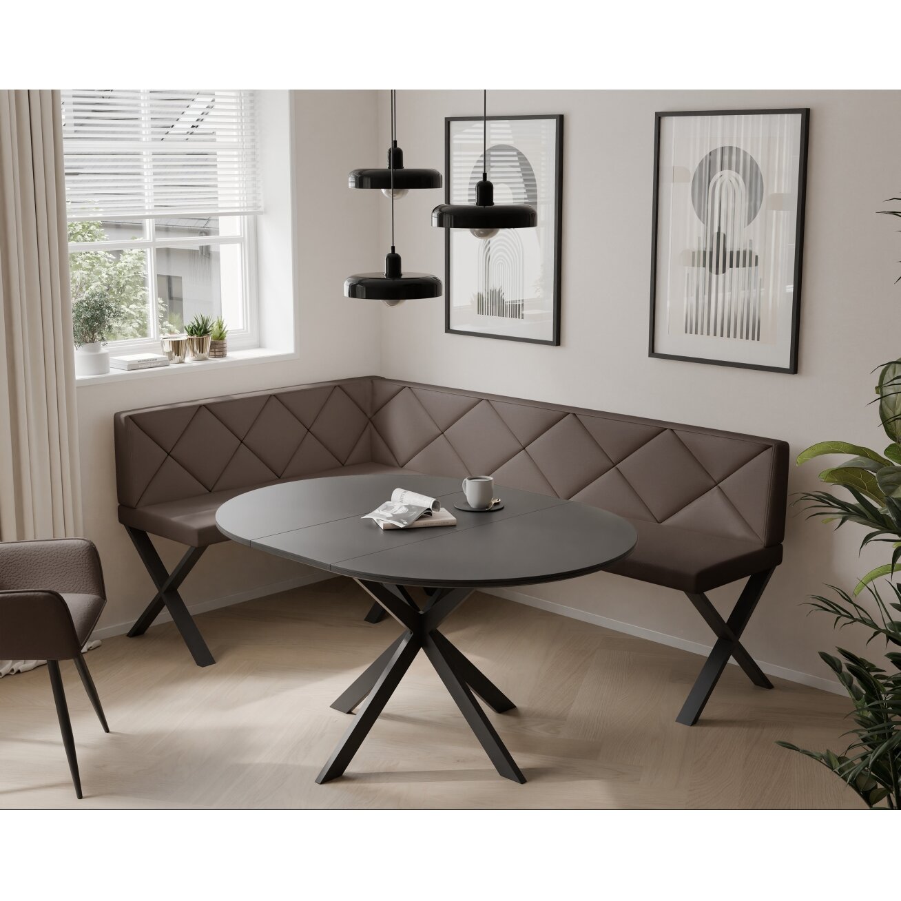 Virtuvinis kampas VERO X Dydis: 128x168 cm , Kampo pusė: Kairė, Spalvos: Soft 30 (Ruda), Apdaila: Dygsniuotas atlošas