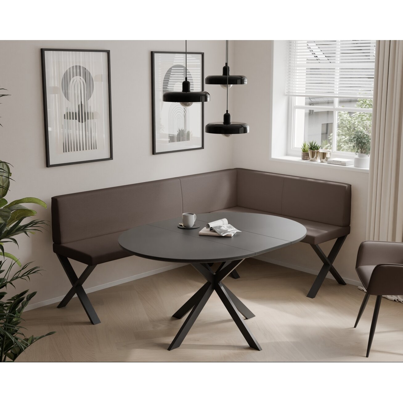 Virtuvinis kampas VERO X Apdaila: Lygus, Kampo pusė: Dešinė, Spalvos: Soft 30 (Ruda), Dydis: 142x196 cm