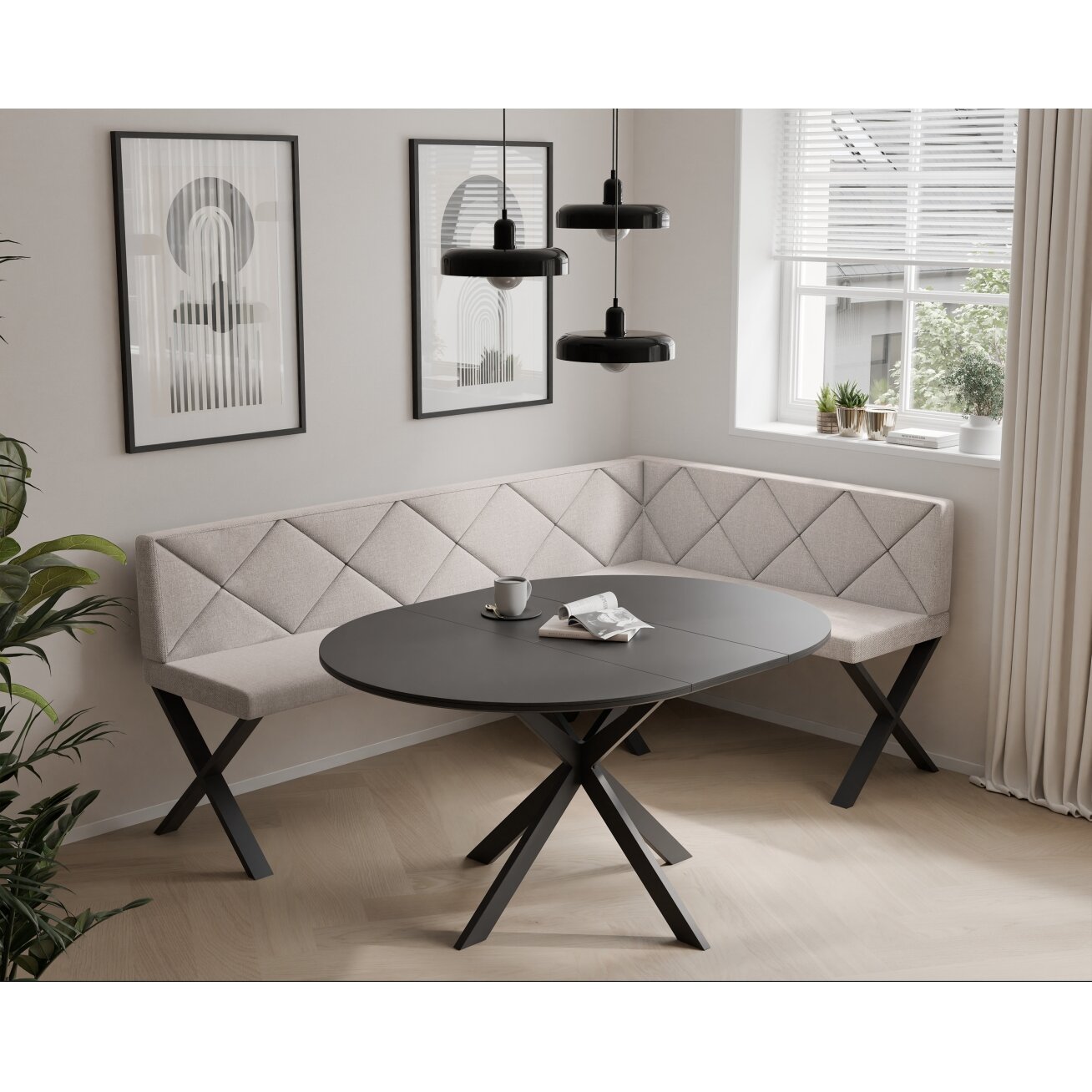 Virtuvinis kampas VERO X Kampo pusė: Dešinė, Spalva: Inari 22 (Šviesiai smėlinė), Dydis: 142x196 cm , Apdaila: Dygsniuotas atlošas