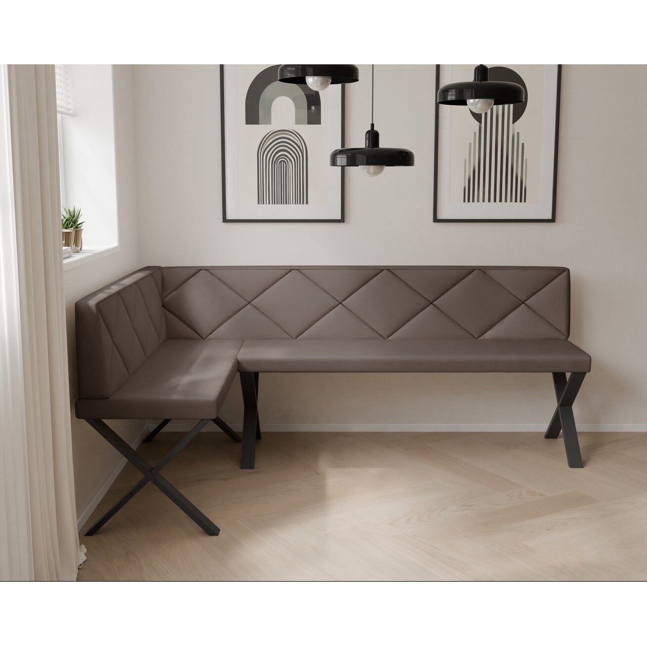 Virtuvinis kampas VERO X Kampo pusė: Kairė, Spalvos: Soft 30 (Ruda), Dydis: 142x196 cm , Apdaila: Dygsniuotas atlošas 2