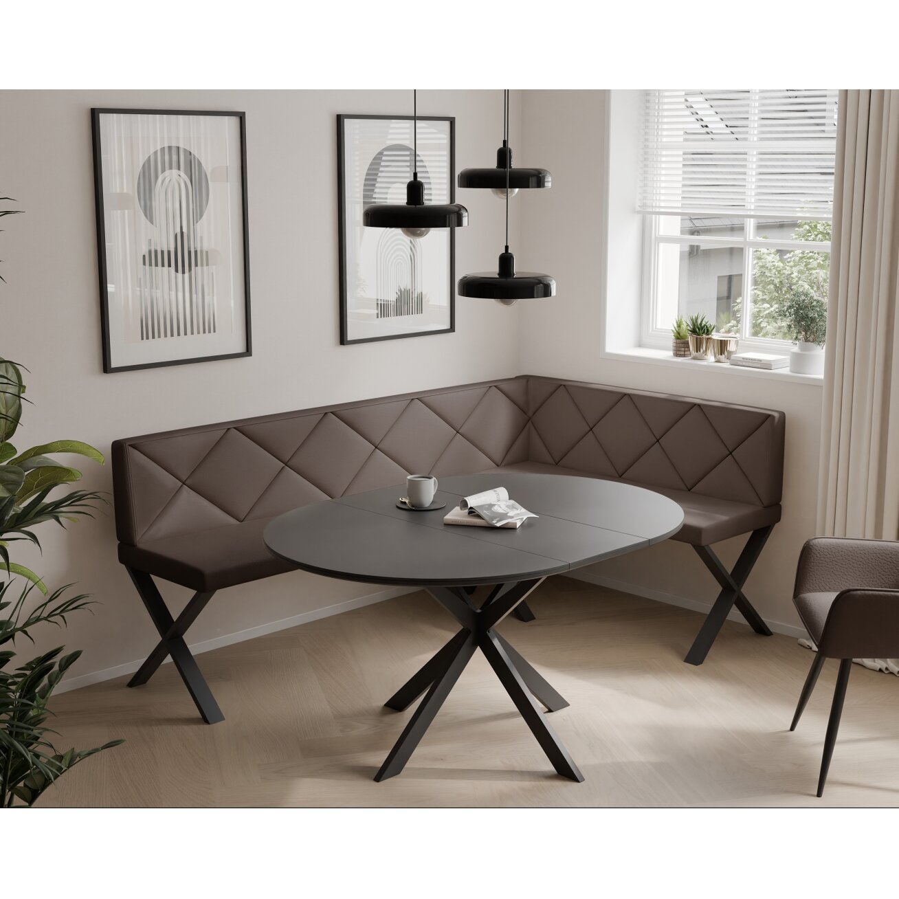 Virtuvinis kampas VERO X Kampo pusė: Dešinė, Spalvos: Soft 30 (Ruda), Dydis: 142x196 cm , Apdaila: Dygsniuota nugarėlė