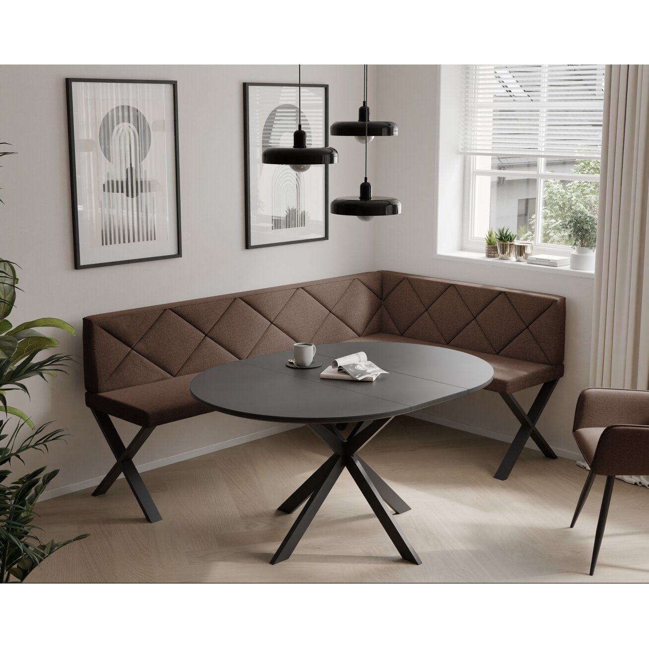 Virtuvinis kampas VERO X Dydis: 128x168 cm , Kampo pusė: Dešinė, Spalvos: Inari 28 (Ruda), Apdaila: Dygsniuota nugarėlė