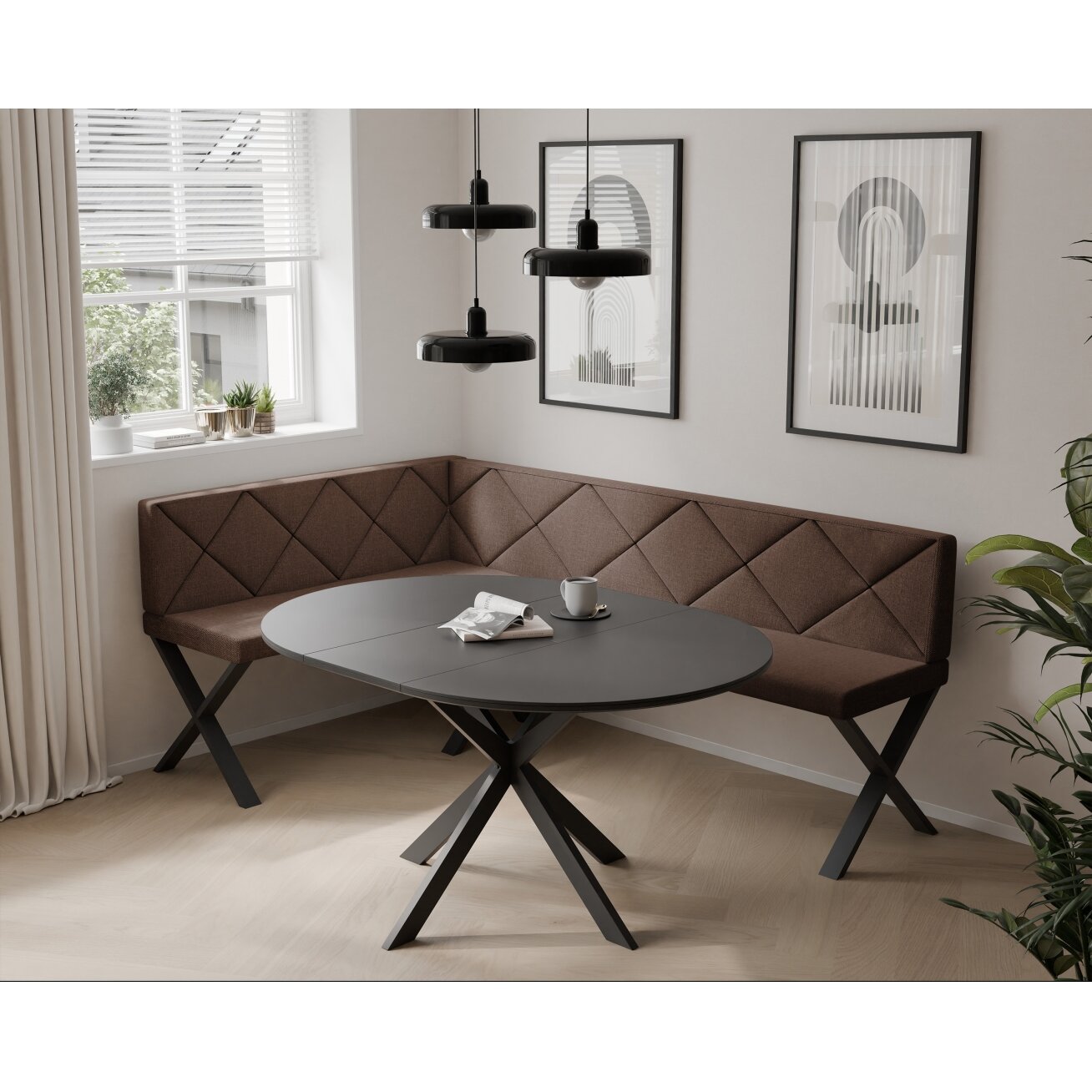 Virtuvinis kampas VERO X Kampo pusė: kairė, Dydis: 142x196 cm , Spalvos: Inari 28 (ruda), Apdaila: dygsniuotas atlošas