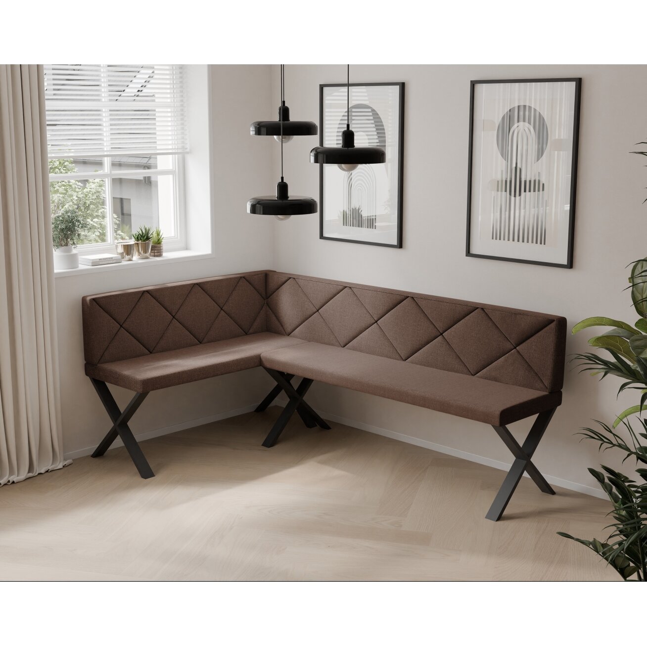 Virtuvinis kampas VERO X Kampo pusė: kairė, Dydis: 142x196 cm , Spalvos: Inari 28 (ruda), Apdaila: dygsniuotas atlošas 1