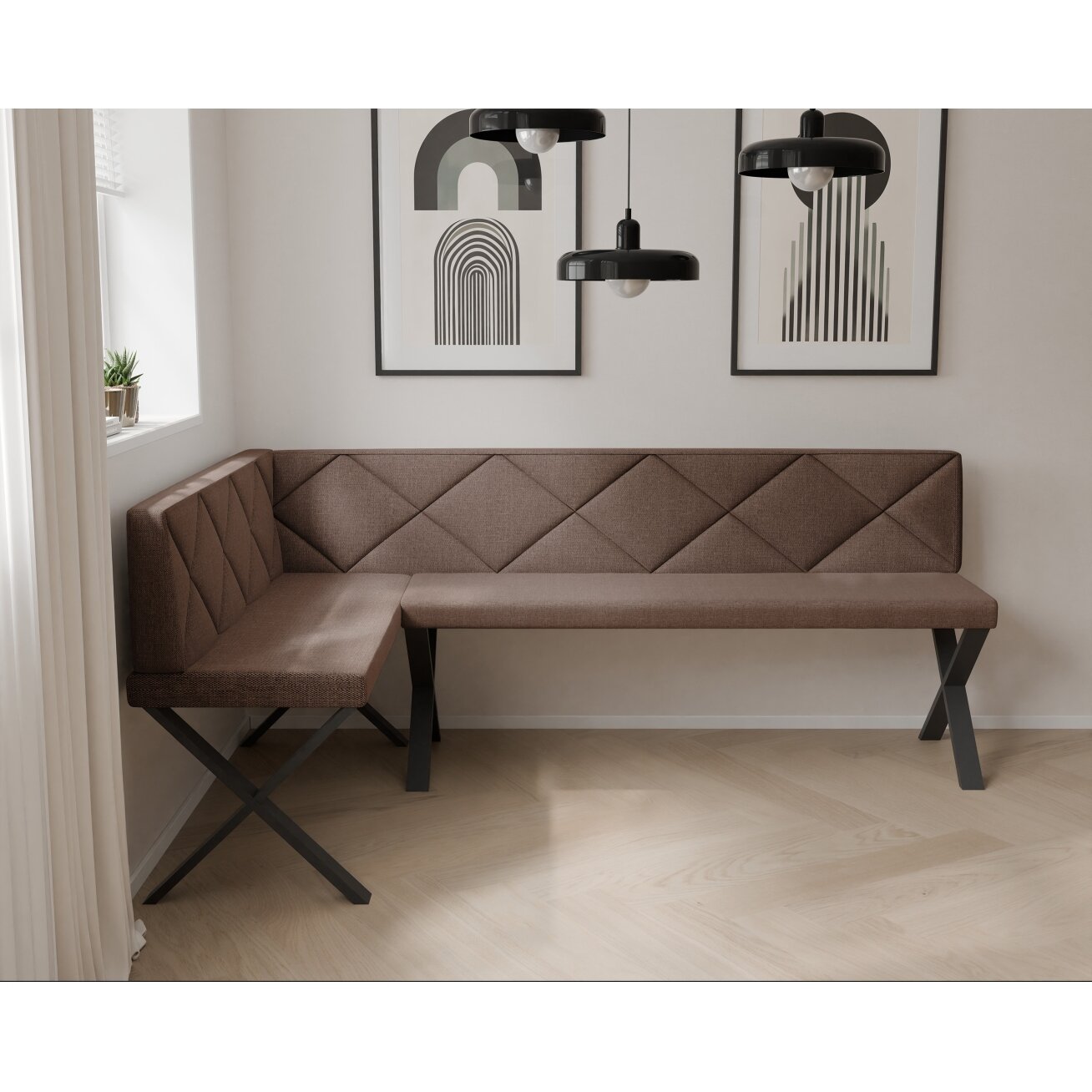 Virtuvinis kampas VERO X Kampo pusė: kairė, Dydis: 142x196 cm , Spalvos: Inari 28 (ruda), Apdaila: dygsniuotas atlošas 2