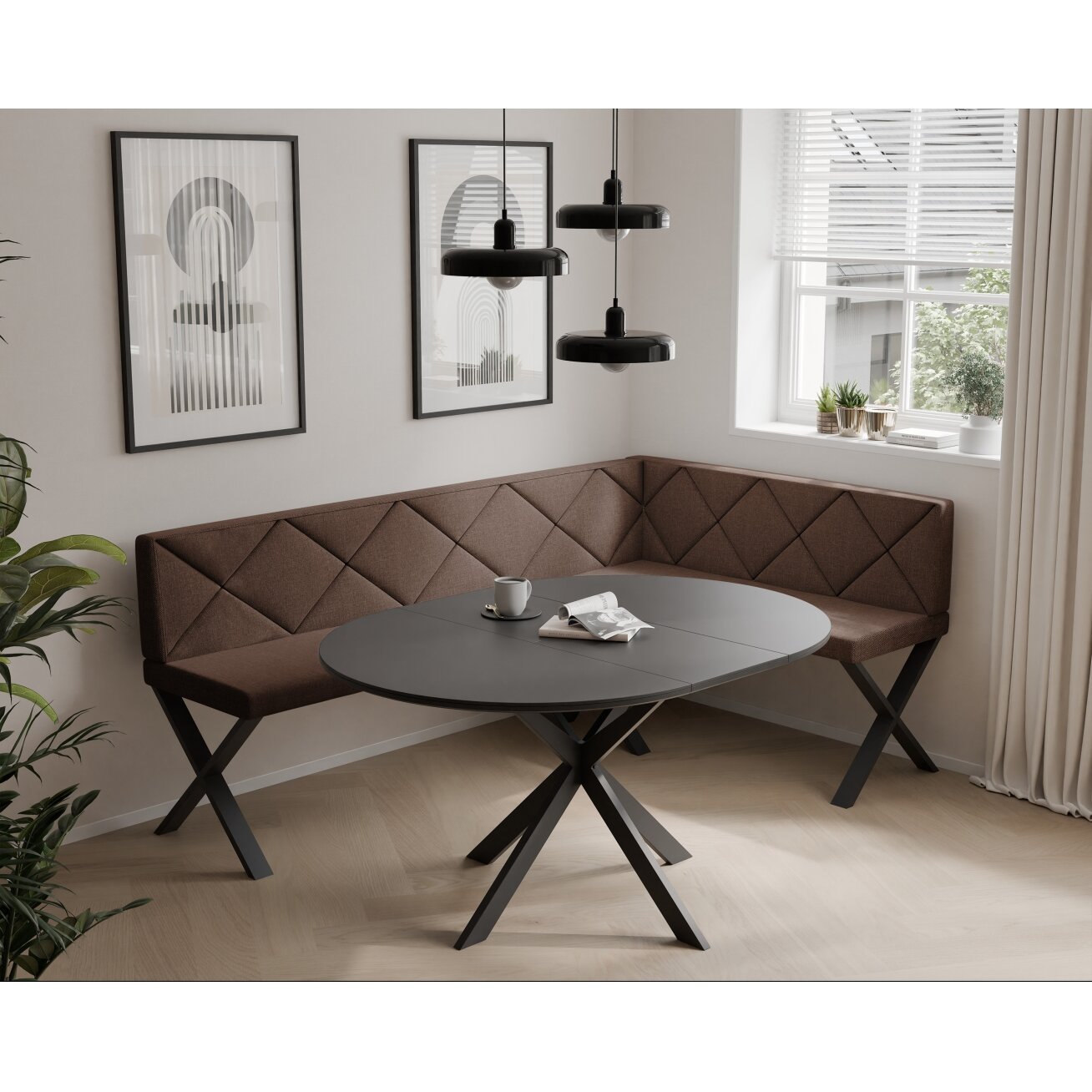 Virtuvinis kampas VERO X Kampo pusė: dešinė, Dydis: 142x196 cm , Spalvos: Inari 28 (Ruda), Apdaila: dygsniuotas atlošas