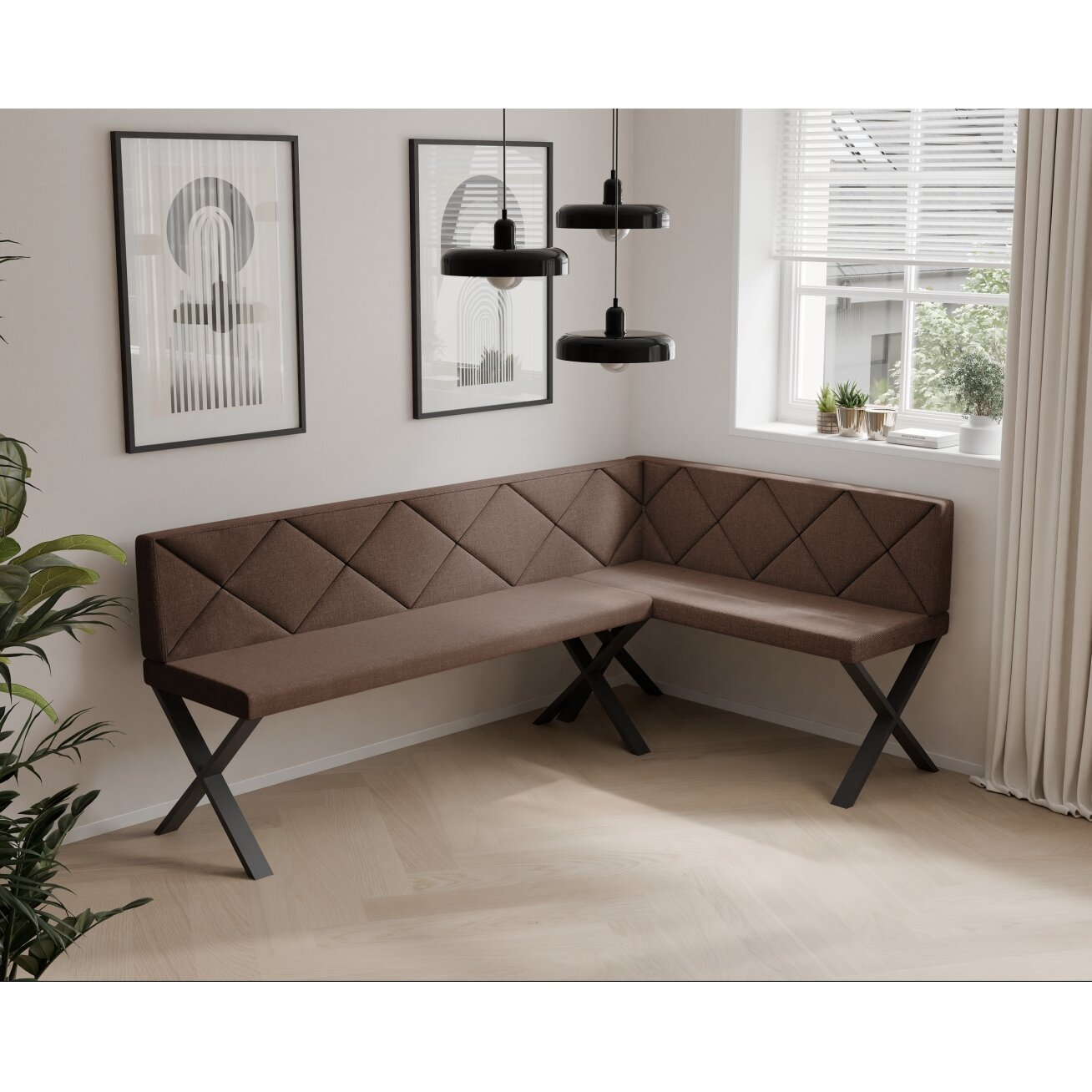 Virtuvinis kampas VERO X Kampo pusė: dešinė, Dydis: 142x196 cm , Spalvos: Inari 28 (Ruda), Apdaila: dygsniuotas atlošas 1