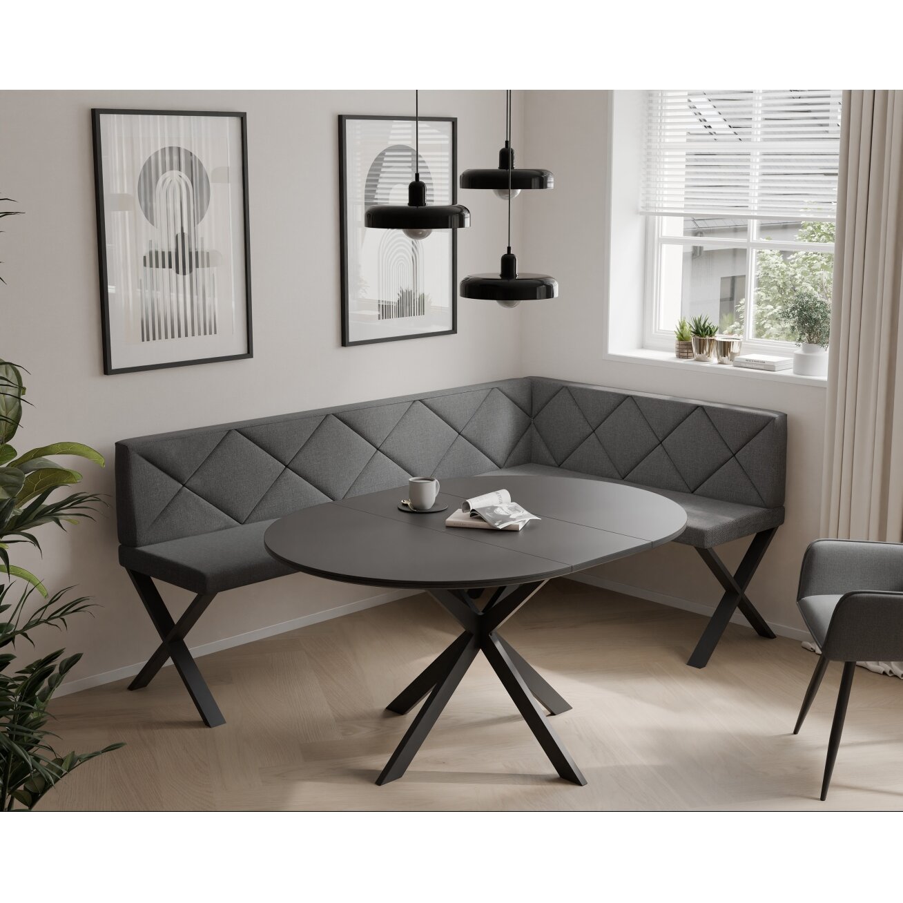 Virtuvinis kampas VERO X Dydis: 128x168 cm , Kampo pusė: dešinė, Spalvos: Inari 96 (tamsiai pilka), Apdaila: dygsniuotas atlošas