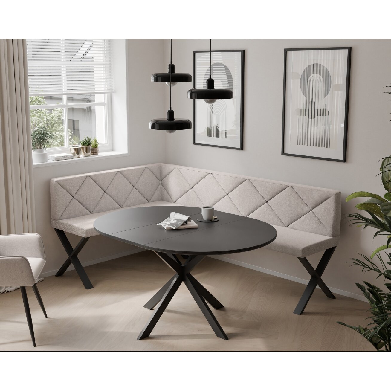 Virtuvinis kampas VERO X Dydis: 128x168 cm , Kampo pusė: Kairė, Spalvos: Inari 22 (Šviesus smėlio), Apdaila: Dygsniuotas atlošas