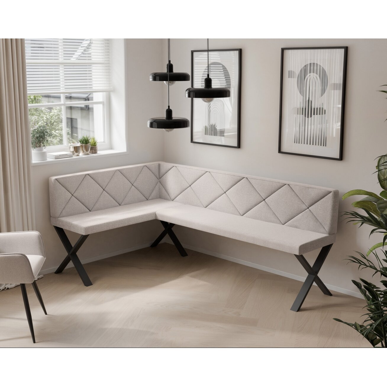 Virtuvinis kampas VERO X Dydis: 128x168 cm , Kampo pusė: Kairė, Spalvos: Inari 22 (Šviesus smėlio), Apdaila: Dygsniuotas atlošas 1