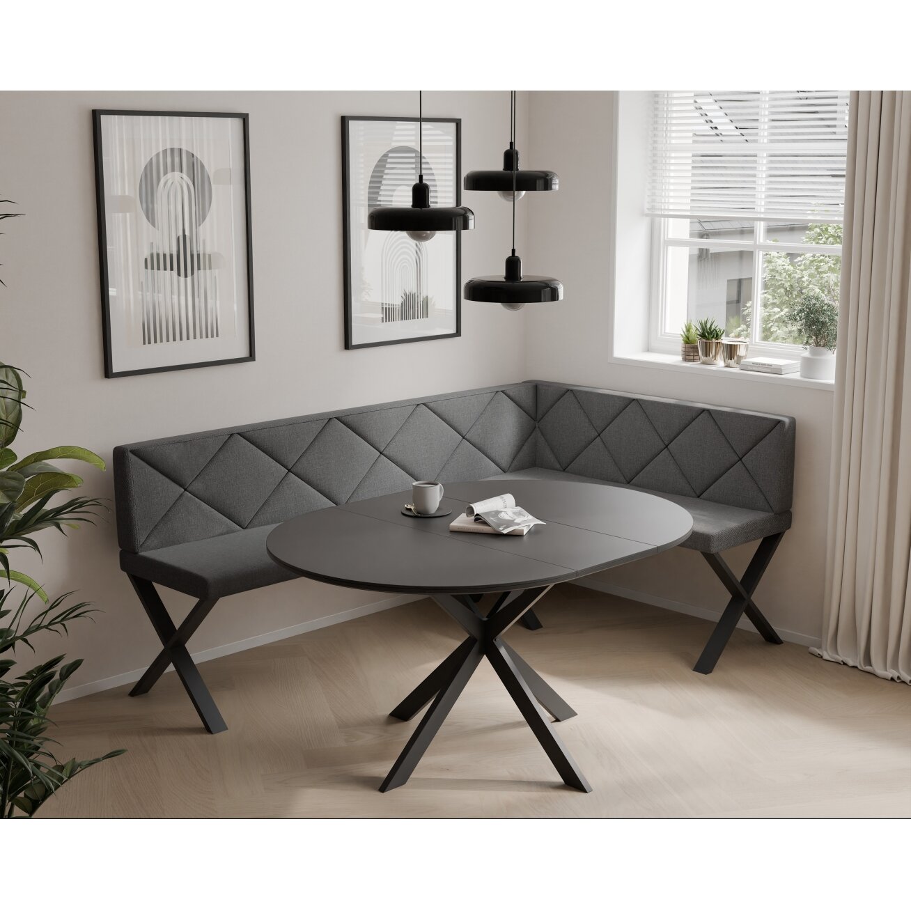 Virtuvinis kampas VERO X Kampo pusė: dešinė, Dydis: 142x196 cm, Spalvos: Inari 96 (tamsiai pilka), Apdaila: dygsniuotas atlošas