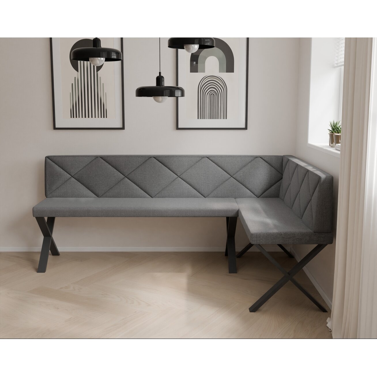 Virtuvinis kampas VERO X Kampo pusė: dešinė, Dydis: 142x196 cm, Spalvos: Inari 96 (tamsiai pilka), Apdaila: dygsniuotas atlošas 2